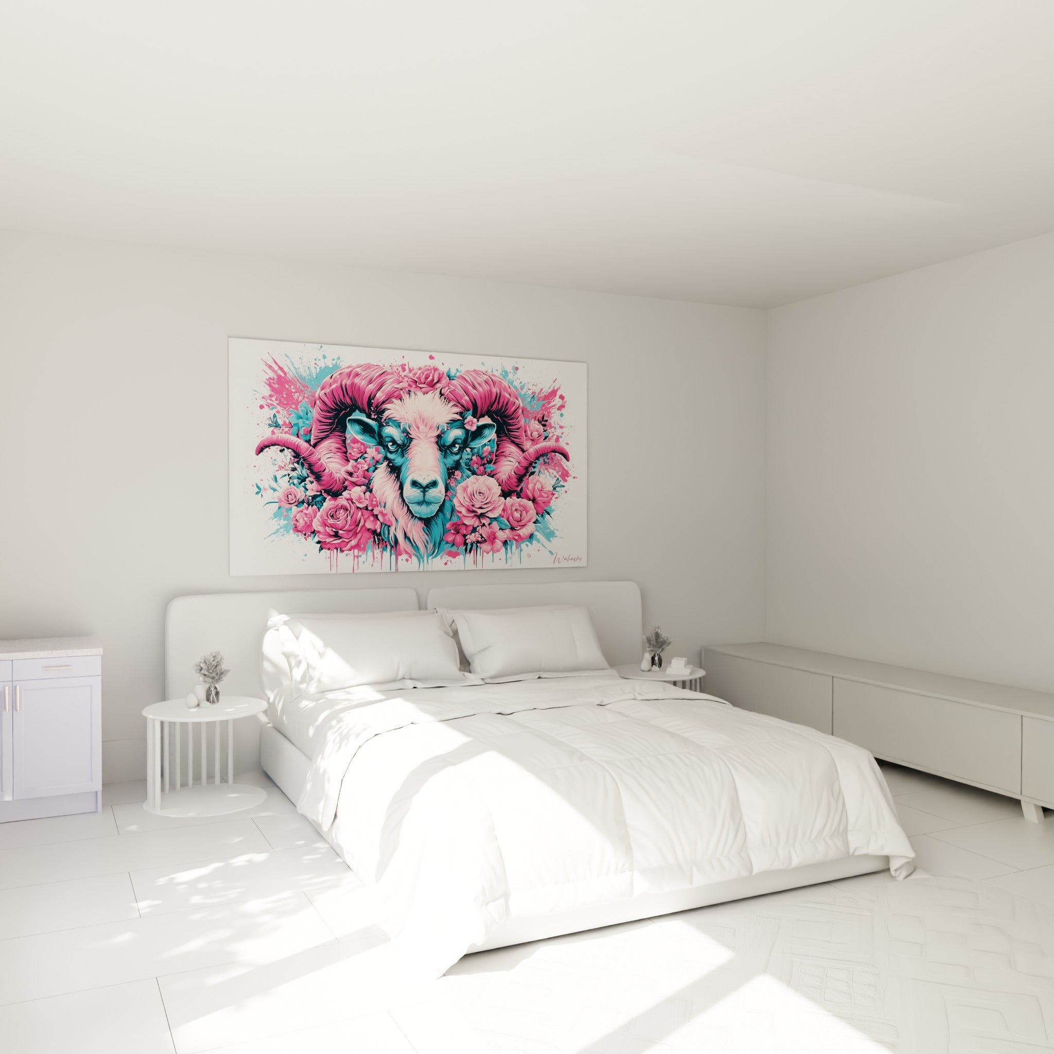 Cornes fuchsia et regard bleu turquoise du Bélier accrochés au-dessus d'un lit dans une chambre claire