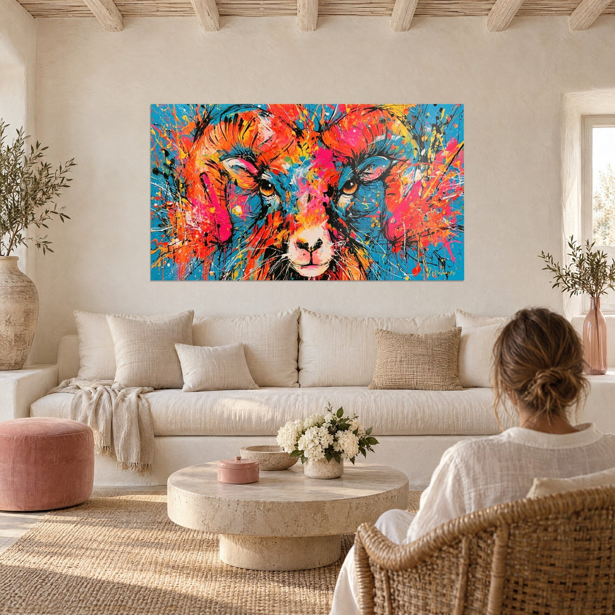Schilderij ram met neonoranje en roze hoorns, zwarte spatten op blauwe achtergrond, boven een bank in een lichte woonkamer