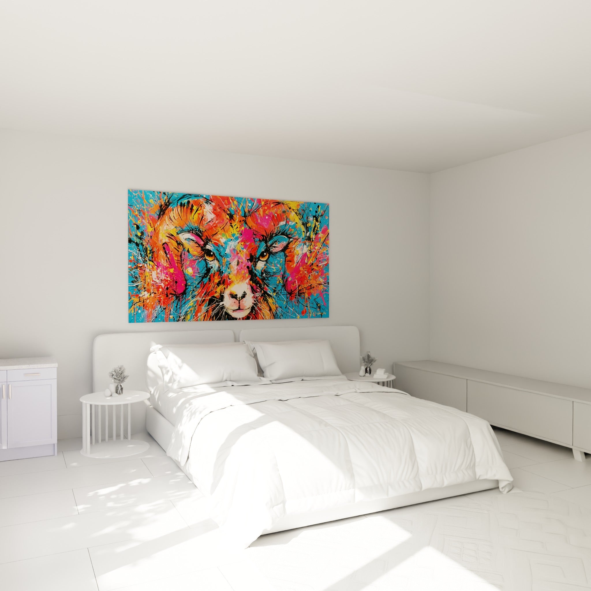 Cornes orange et rose du bélier sur fond bleu vif, accroché au-dessus d'un lit dans une chambre claire