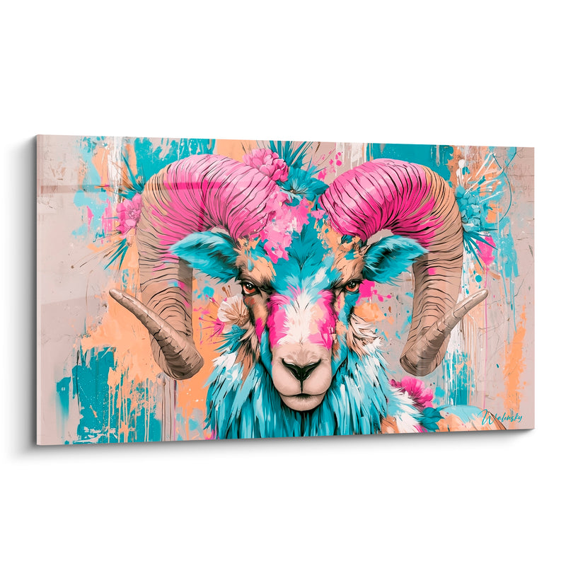 Tableau Bélier rose et turquoise fleurs éclatées - Pétales explosifs - Edition Bélier