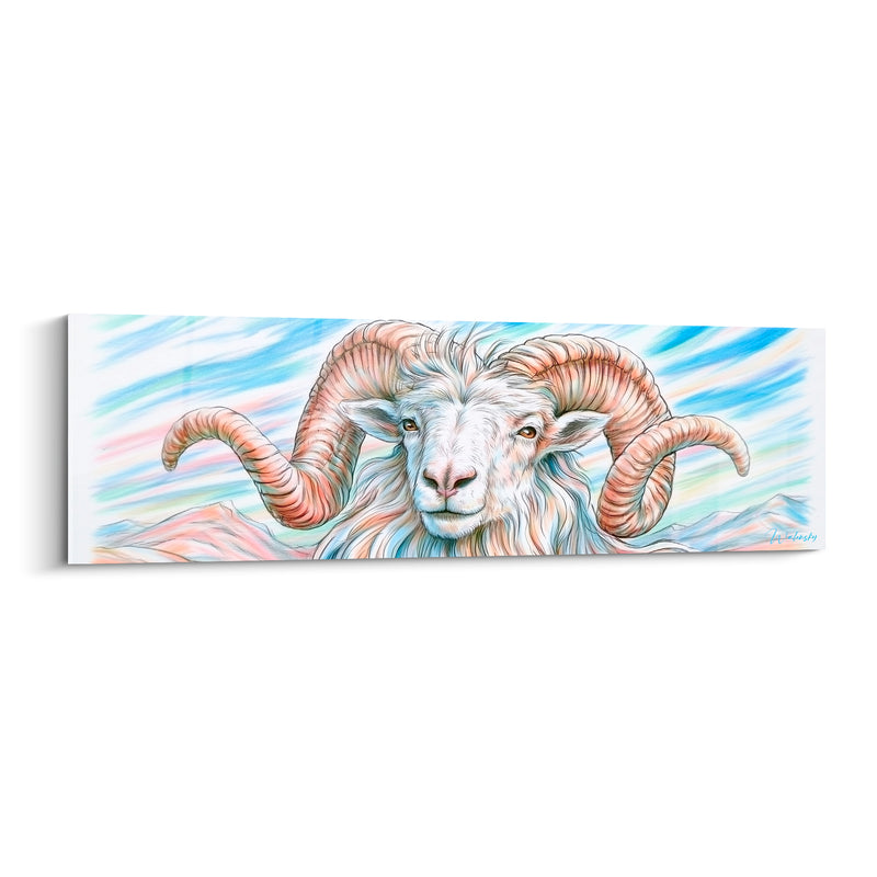 Tableau Bélier blanc et pêche montagnes esquissées - Traits de crayon pastel - Edition Bélier
