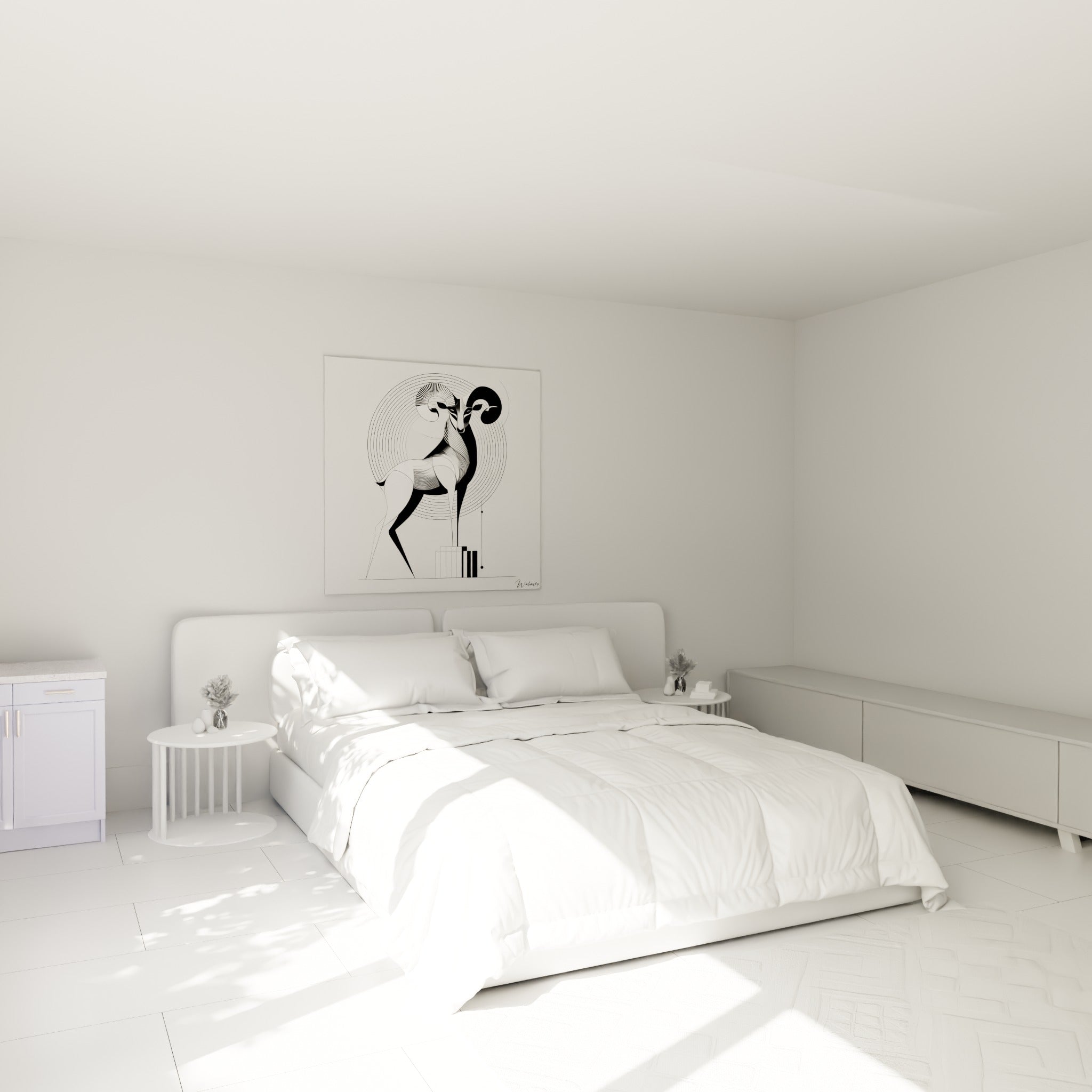 Silhouette de bélier anthracite et blanc, cornes enroulées, au-dessus d'un lit dans une chambre claire