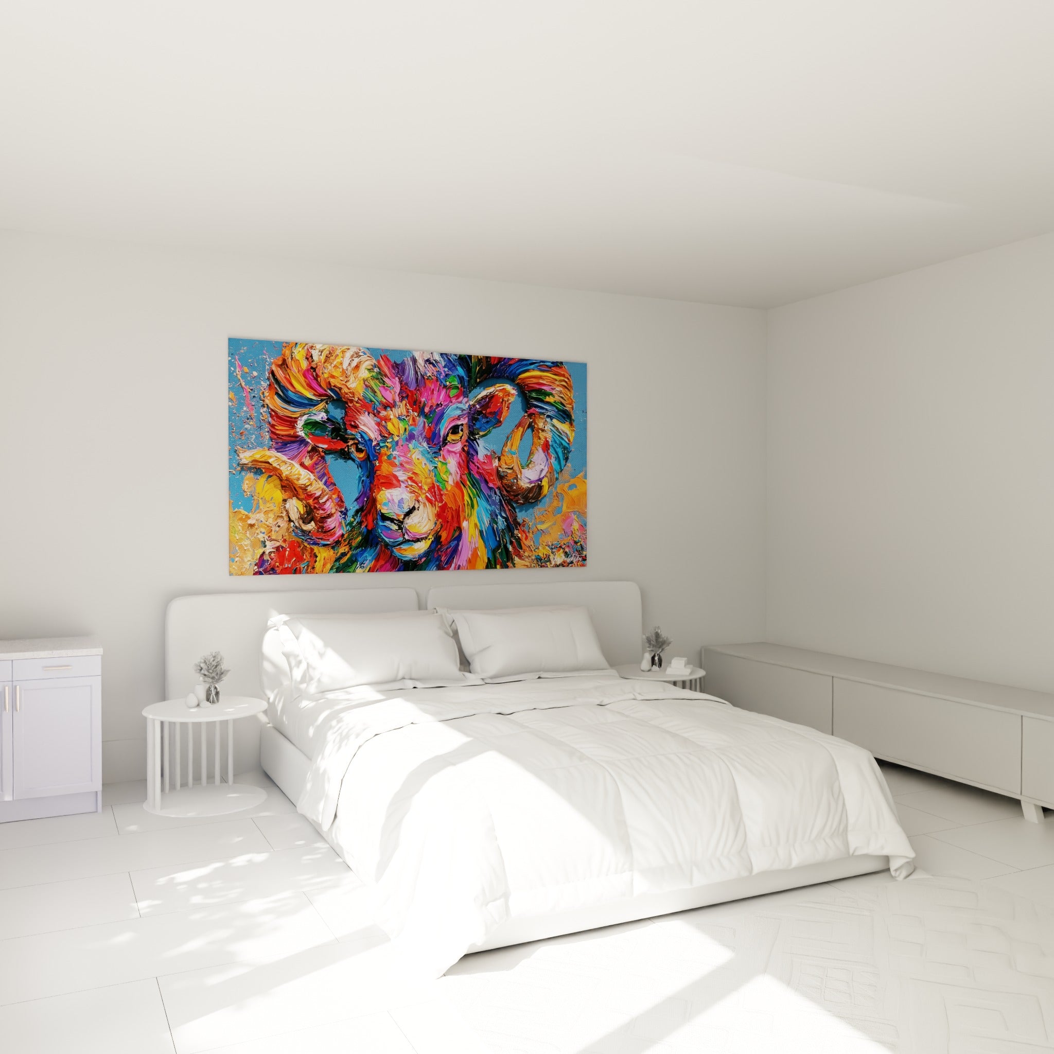 Cornes spiralées dorées et rose vif de ce Bélier, accroché au-dessus d'un lit dans une chambre claire