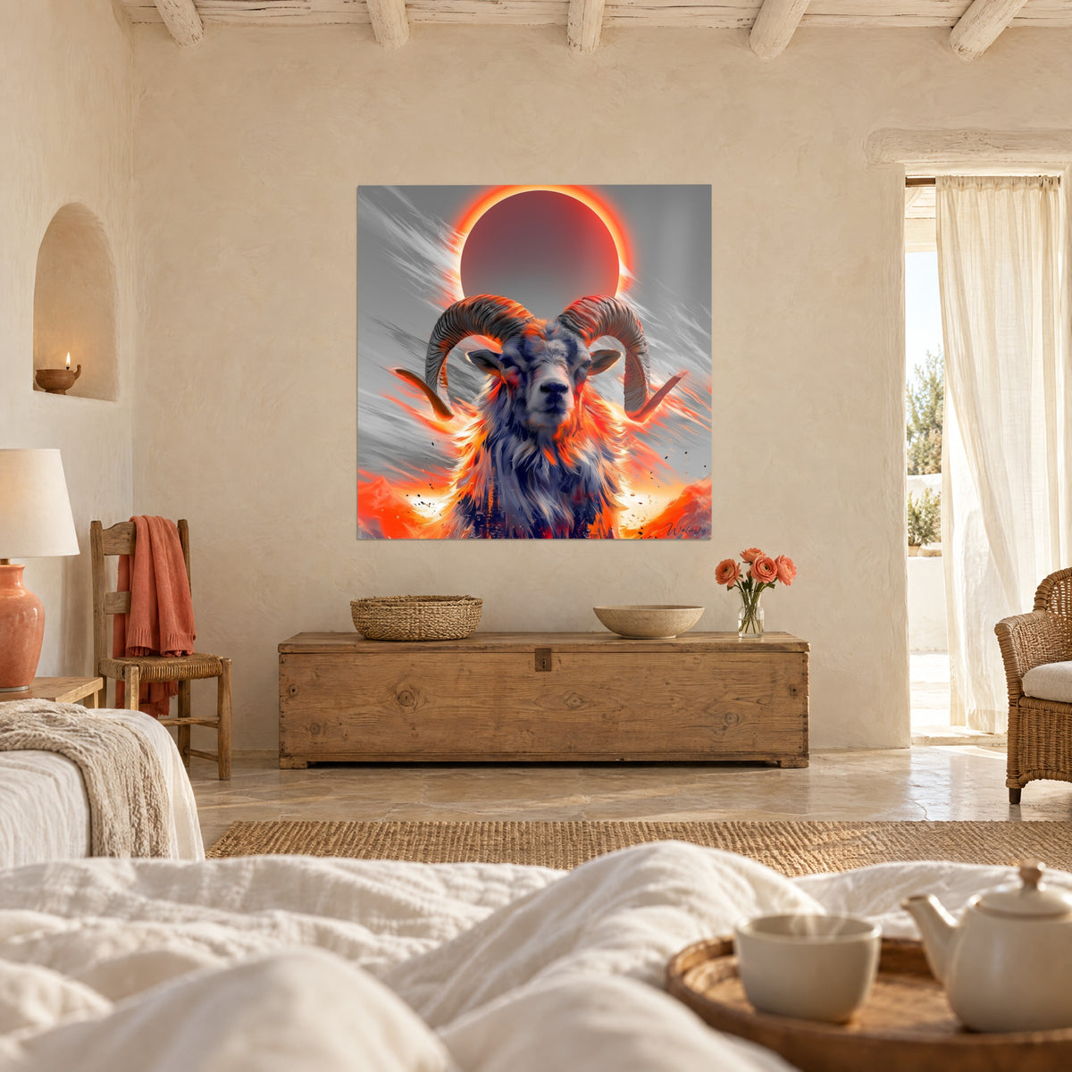 Gemälde majestätischer Widderkopf, orangefarbener Lichtkranz um eine dunkle Sonne, kräftiges Grau und Rot, über einem Bett in einem hellen Schlafzimmer