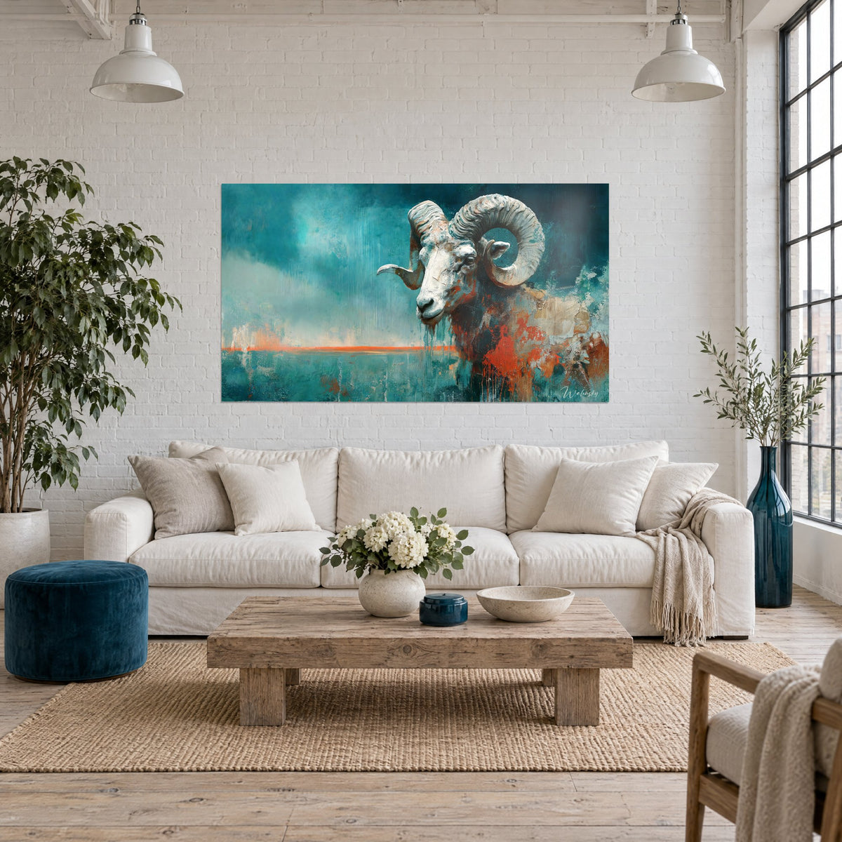 Tableau bélier aux cornes torsadées gris perle, fond bleu sarcelle et traînée orange, au-dessus d'un canapé dans un salon lumineux