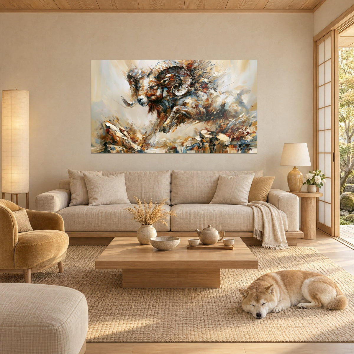 Wall art of a leaping ram in ochre and slate blue, spiral horns and palette-knife strokes, sleeping Shiba above a sofa in a bright living room
