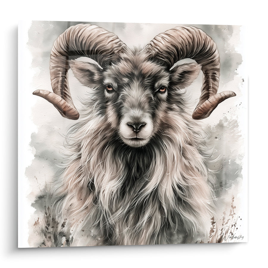 Tableau Bélier gris et beige crinière hirsute aquarelle - Fourrure hivernale - Edition Bélier