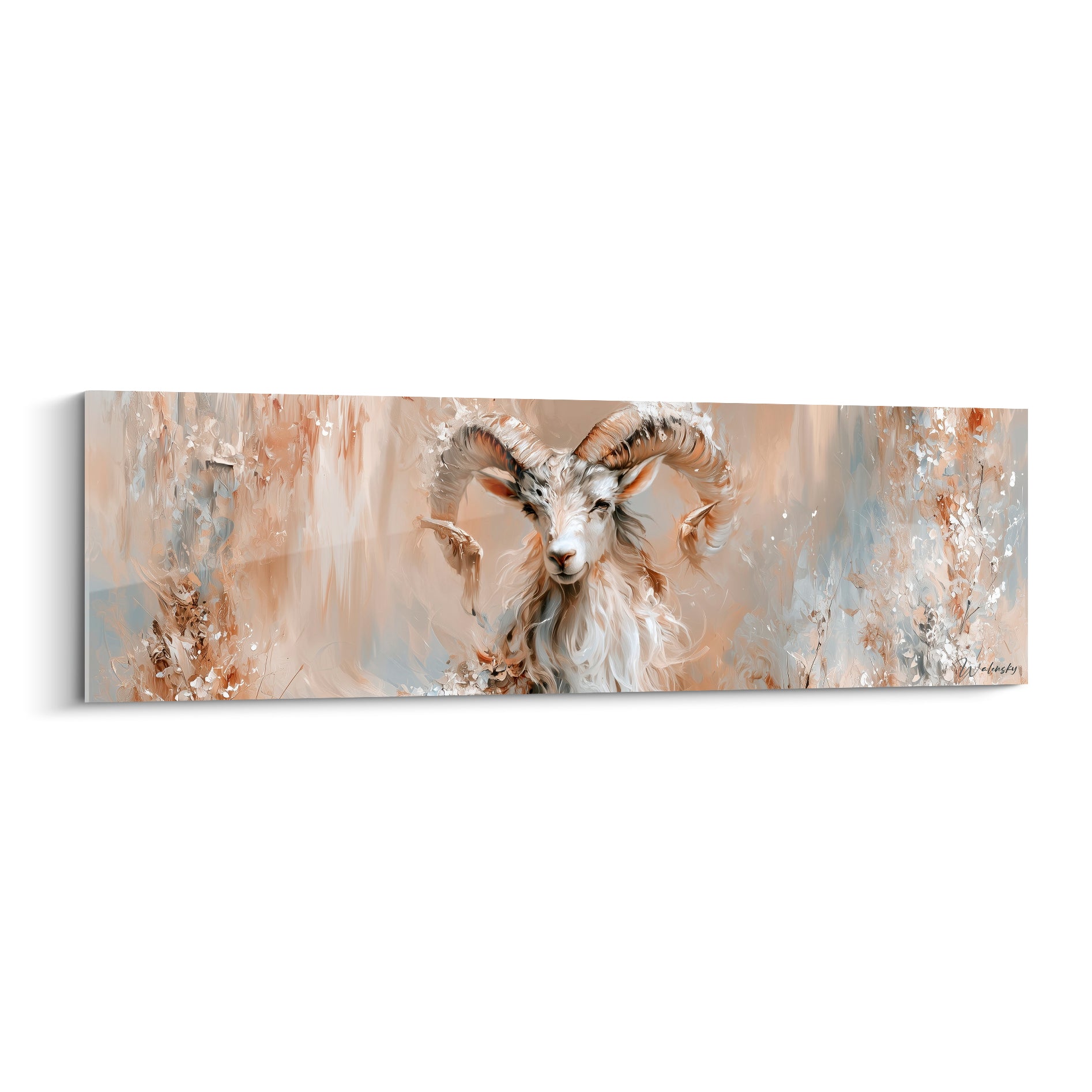Bélier aux cornes torsadées, pelage blanc et beige, fond bleu pastel et terracotta texturé