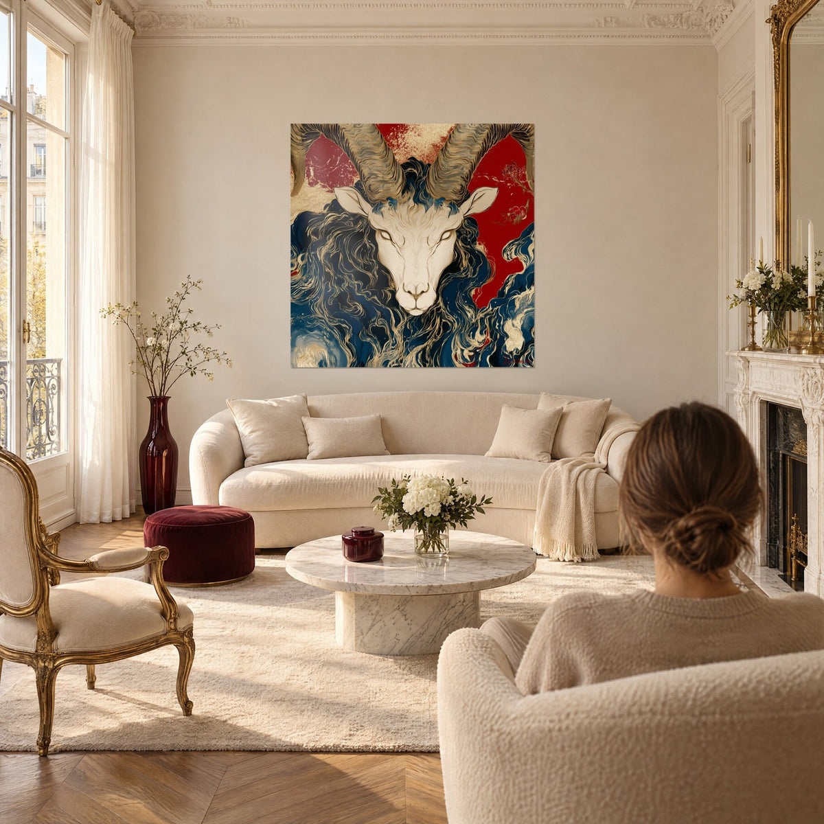 Wall art ram with twisted golden horns, navy blue mane and red background, above a sofa in a bright living room