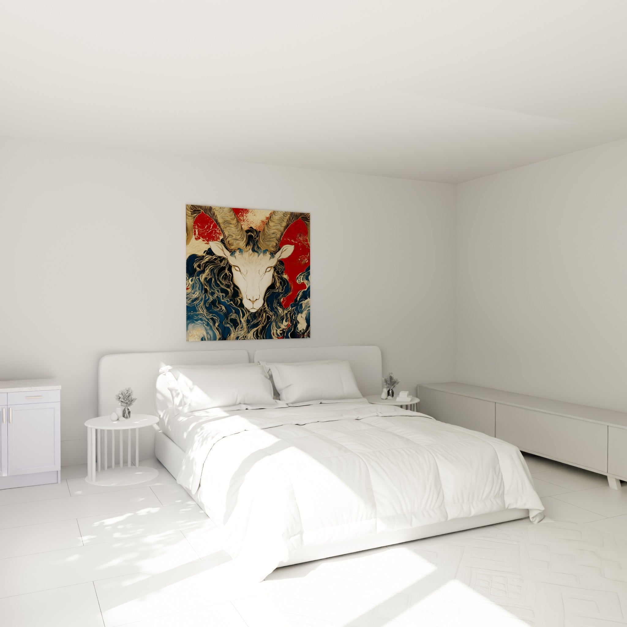 Cornes majestueuses et regard perçant du Bélier doré, au-dessus d'un lit dans une chambre claire