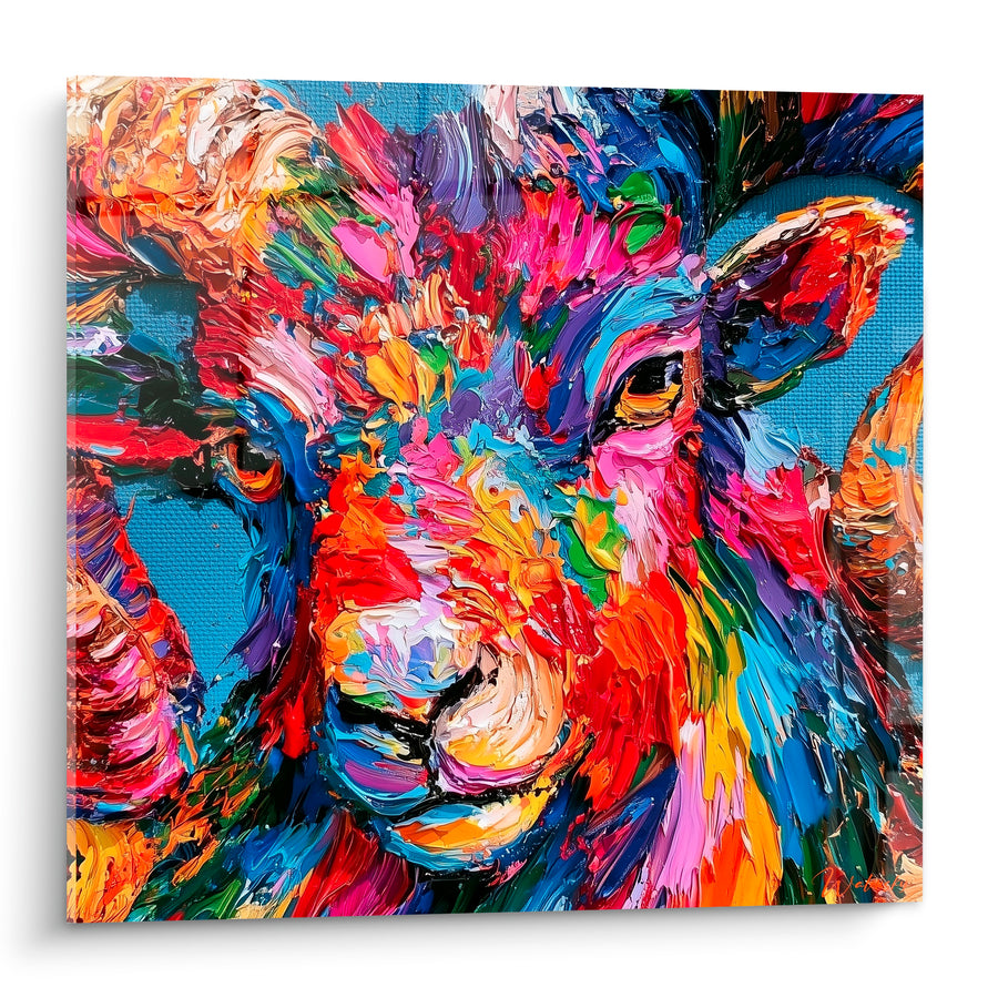 Tableau Bélier fond bleu ciel cornes torsadées multicolores - Éclat de vitalité - Edition Bélier