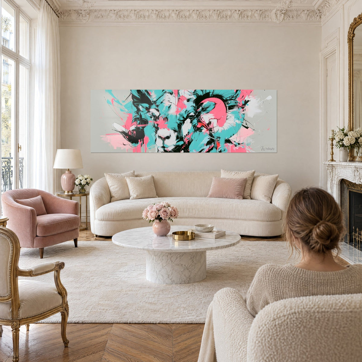 Schilderij ram met opgekrulde hoorns in turquoise en fel roze, nerveuze zwarte lijnen, twee personen van achteren, boven een bank in een lichte woonkamer