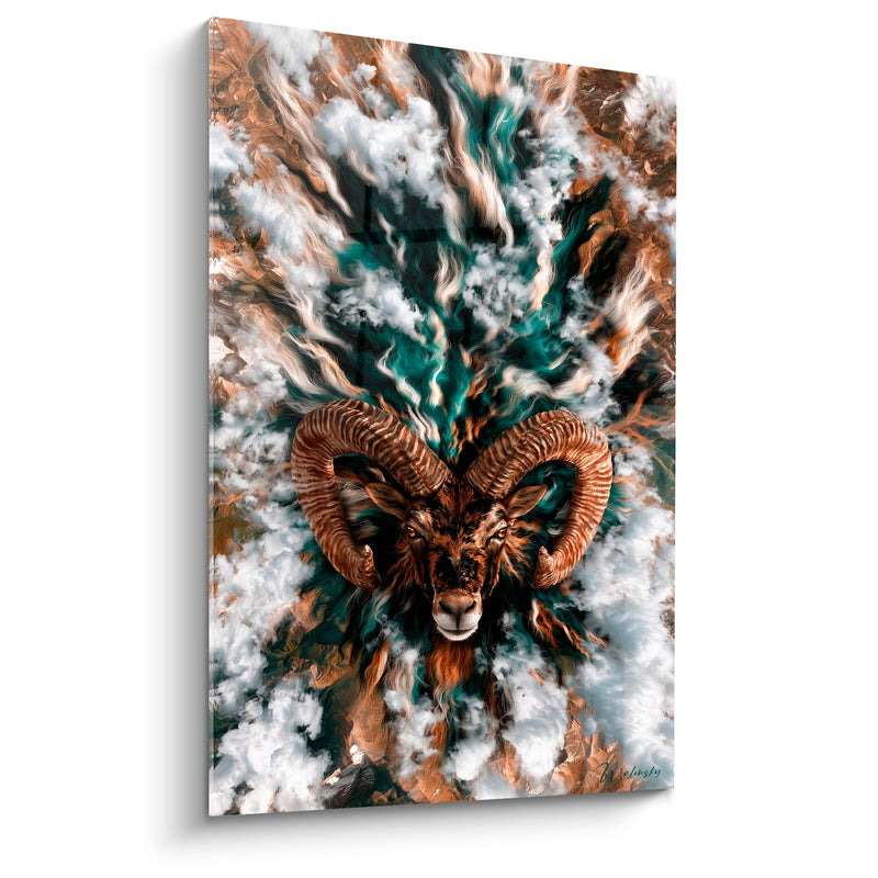 Tableau Bélier cornes torsadées fumée turquoise et blanche - Apparition sauvage - Edition Bélier