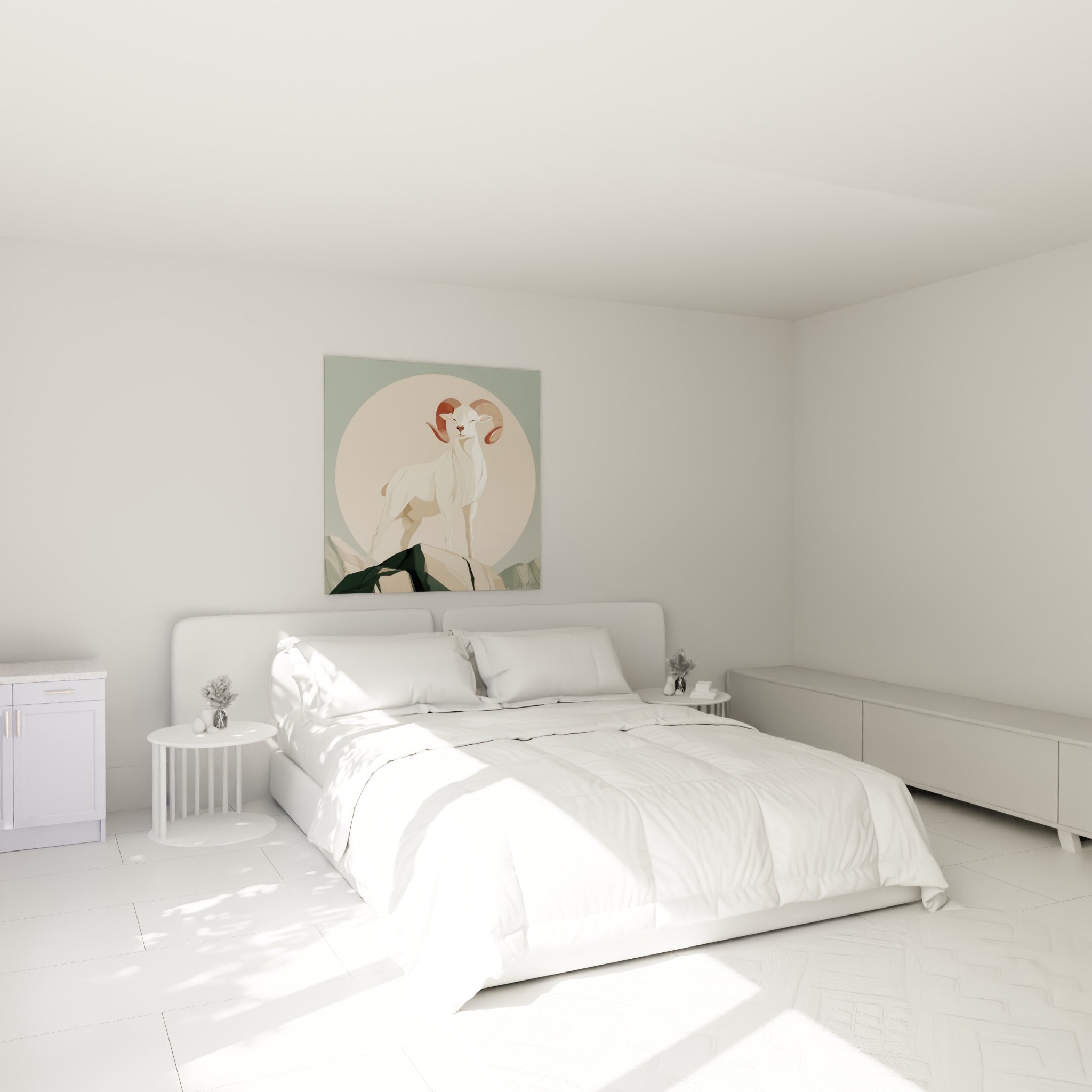Silhouette de Bélier ivoire et terracotta accrochée au-dessus d'un lit dans une chambre claire