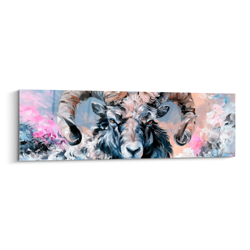 Tableau Bélier cornes torsadées fond rose poudré - Regard ancestral - Edition Bélier