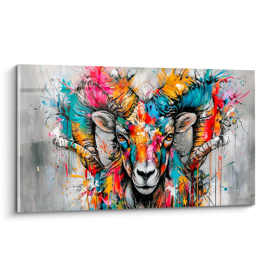 Bélier aux cornes turquoise et rose éclaboussées, regard ambré perçant sur fond gris minéral