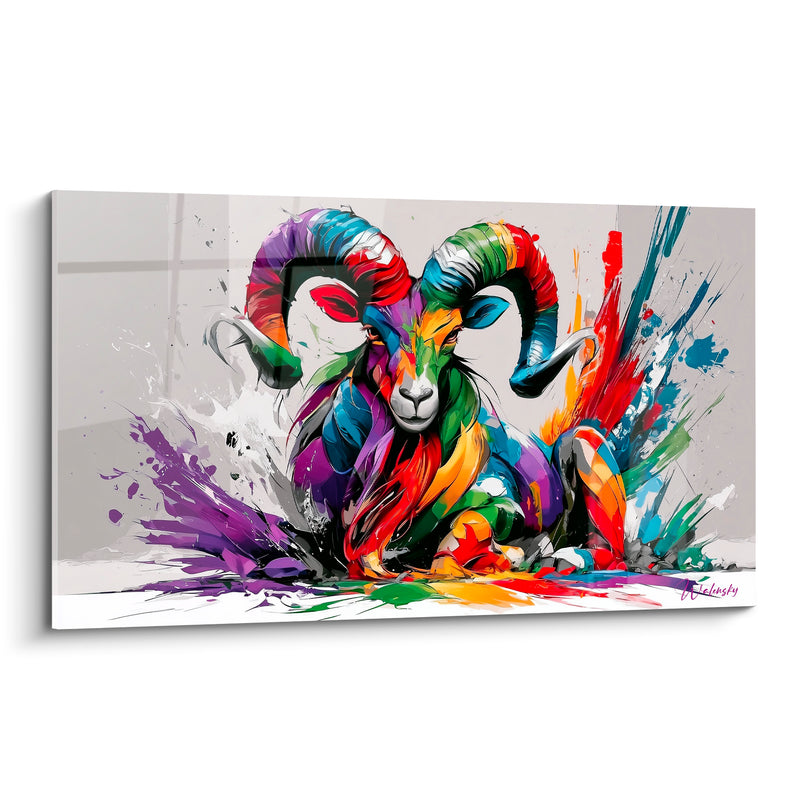 Tableau Bélier violet et bleu éclaboussures multicolores - Déflagration chromatique - Edition Bélier