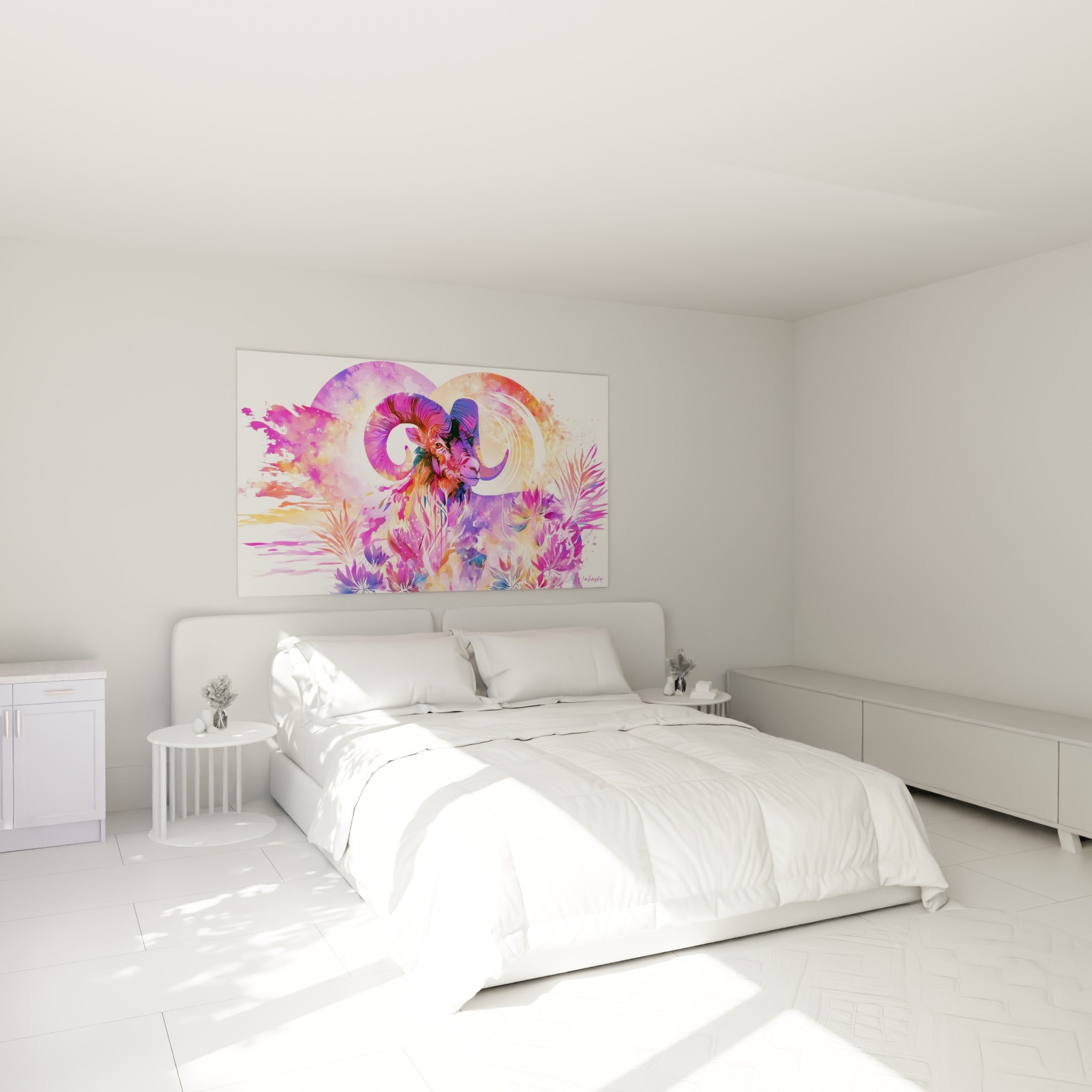 Cornes spiralées rose magenta et halo orangé du Bélier au-dessus d'un lit dans une chambre claire