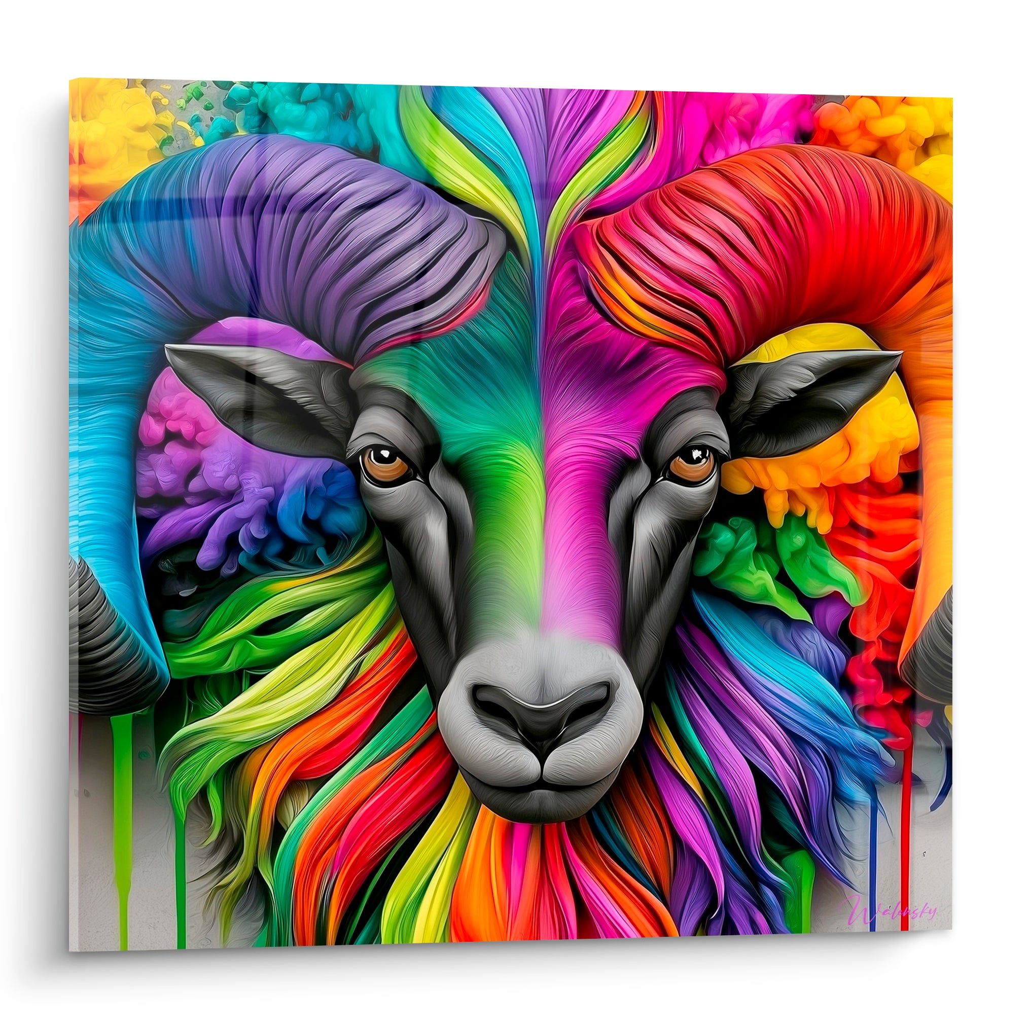 Bélier au regard perçant, cornes violettes et orangées, museau gris hyperréaliste sur toison arc-en-ciel