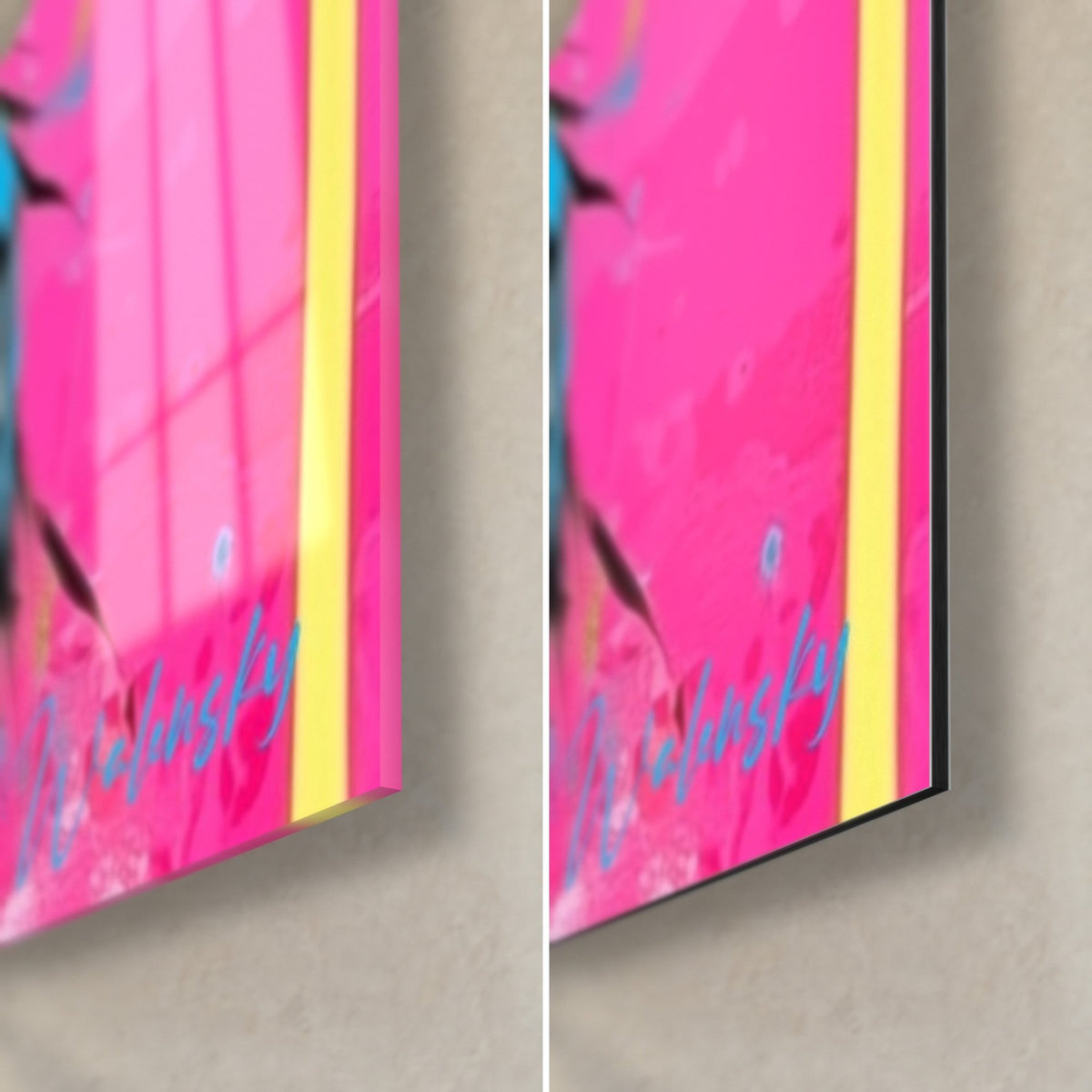 Schilderij roze en gele ram, rechtsonder in beeld: glanzend acrylglas links, mat Dibond-aluminium en 3 mm rand rechts