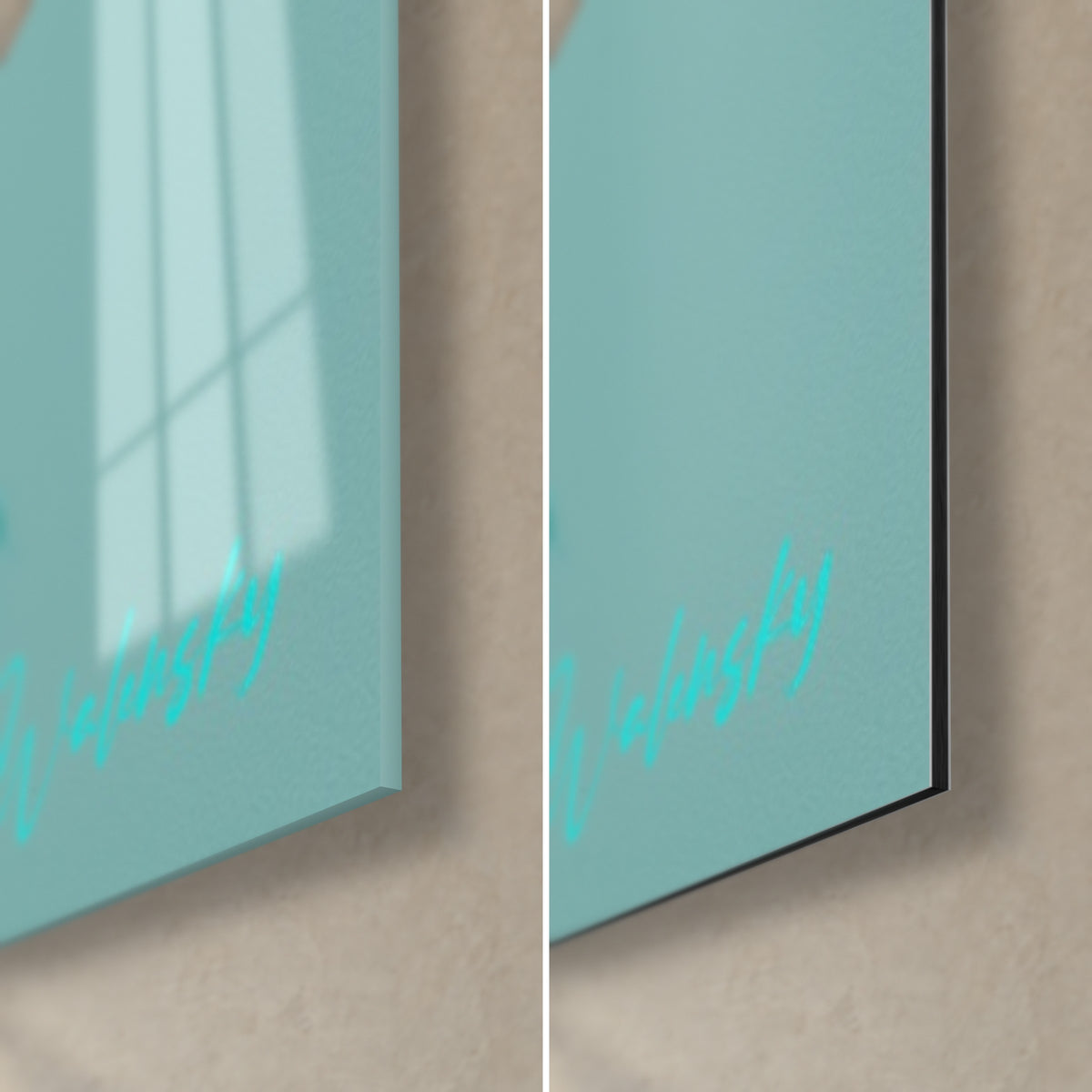 Schilderij ram in turquoise en fuchsia, rechtsonder: glanzend acrylglas dat het raam weerspiegelt, mat zwart aluminium Dibond, rand van 3 mm