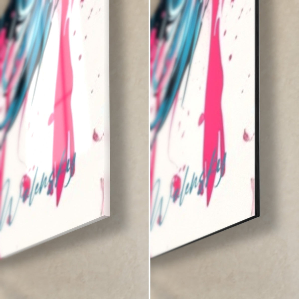 Tableau bélier rose et bleu, coin bas droit : verre acrylique brillant à gauche, Dibond noir mat à droite, tranche de 3 mm