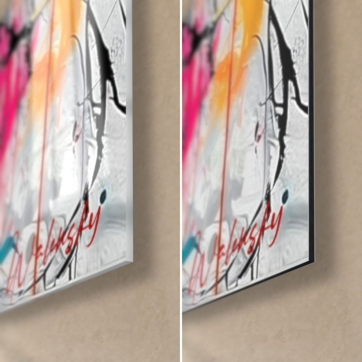 Gemälde grauer Widder, orangefarbene und rosa Spritzer, untere rechte Ecke: glänzendes Acrylglas und mattes Dibond, 3 mm Kante
