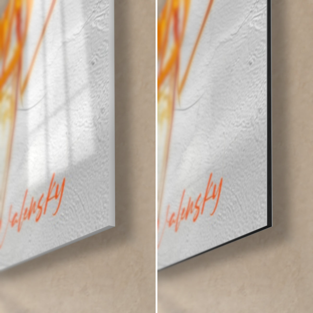 Tableau mouflon graffé, coin bas droit : verre acrylique brillant et alu Dibond mat, signature orange, tranche noire de 3 mm