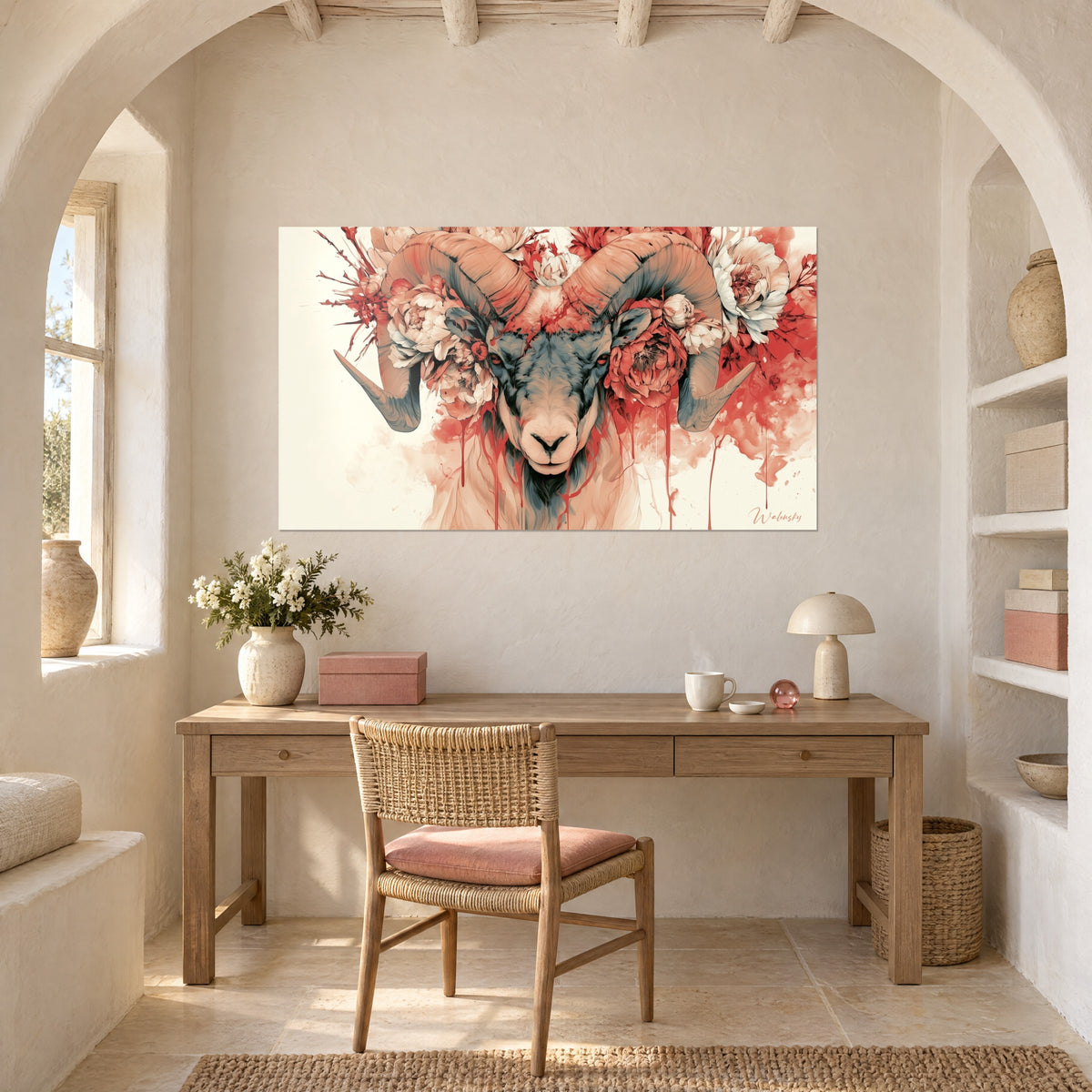 Tableau animal cornu entouré de pivoines vermillon et crème, taches d'aquarelle rouge, mur blanc au-dessus d'un bureau en bois clair