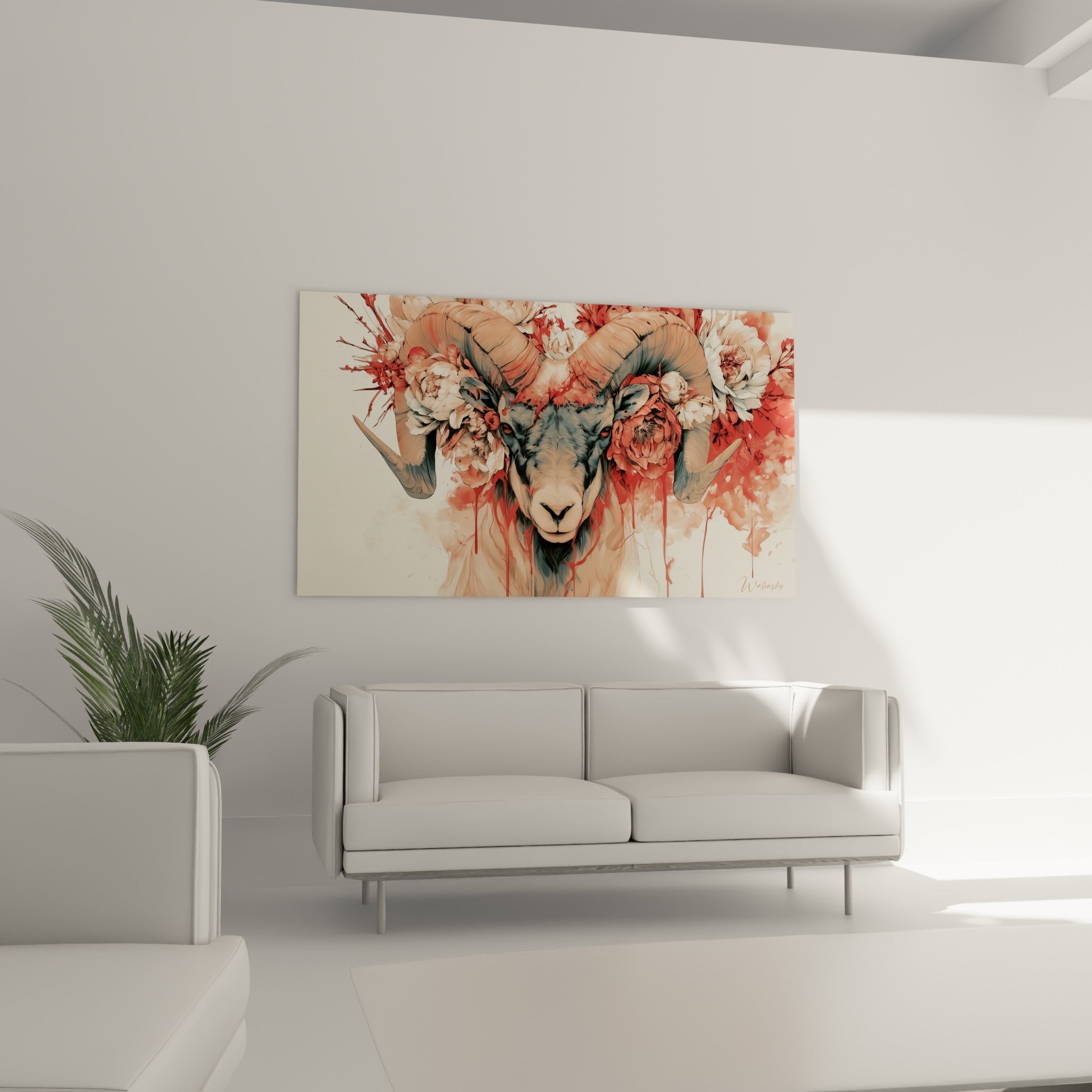 Pivoines blanches et rouge sang entourant la tête du bélier, au-dessus d'un canapé dans un salon lumineux