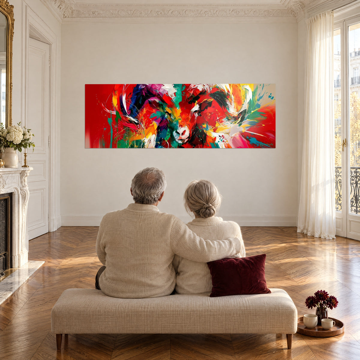 Tableau bélier flamboyant rouge et émeraude, éclats jaunes et violets, contemplé par un couple de dos assis sur un banc, salon parquet