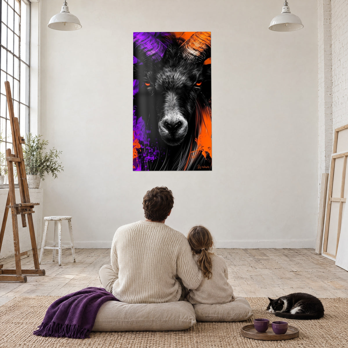 Quadro capra con corna magenta e ambra, pelliccia nera dettagliata, coppia di spalle e gatto tuxedo in un loft chiaro