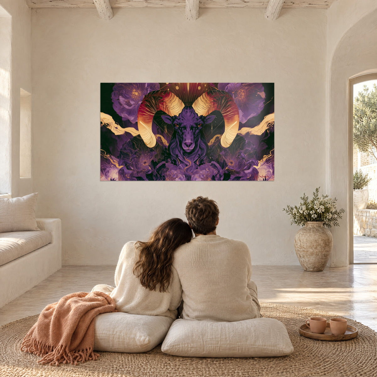 Schilderij ram met paarse wol, amethistkleurige pioenrozen, crèmekleurige en bloedrode hoorns, voor een omhelsd koppel op witte kussens