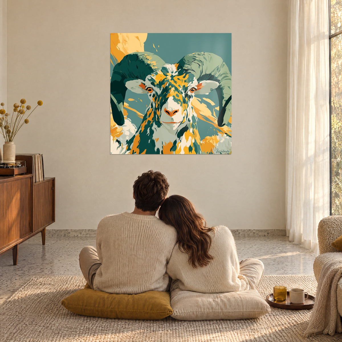Tableau ovin à grandes cornes recourbées, taches jaune moutarde sur pelage blanc, fond vert sarcelle, au-dessus de coussins posés au sol