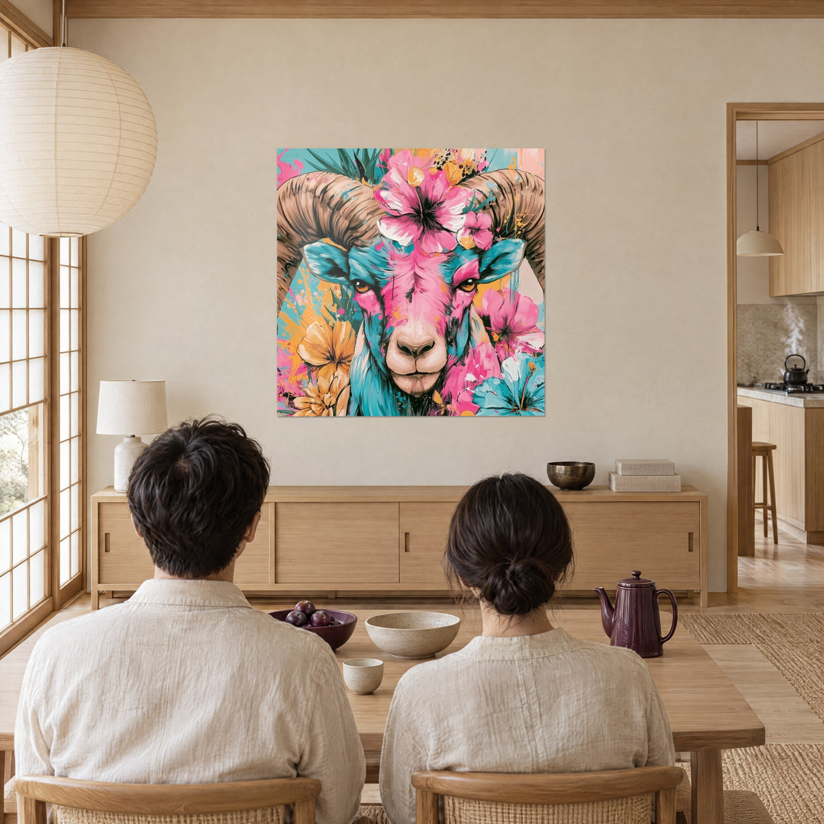 Cuadro ovino de grandes cuernos marrones estriados, pelaje rosa y turquesa, pétalos blancos y naranjas, frente a una pareja de espaldas en un salón japandi