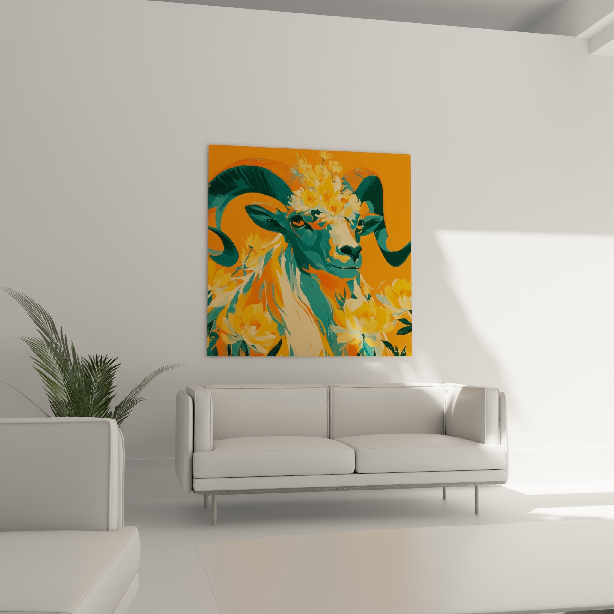 Pivoines crème et orange encadrent ce Bélier stylisé, suspendu au-dessus d'un canapé dans un salon lumineux