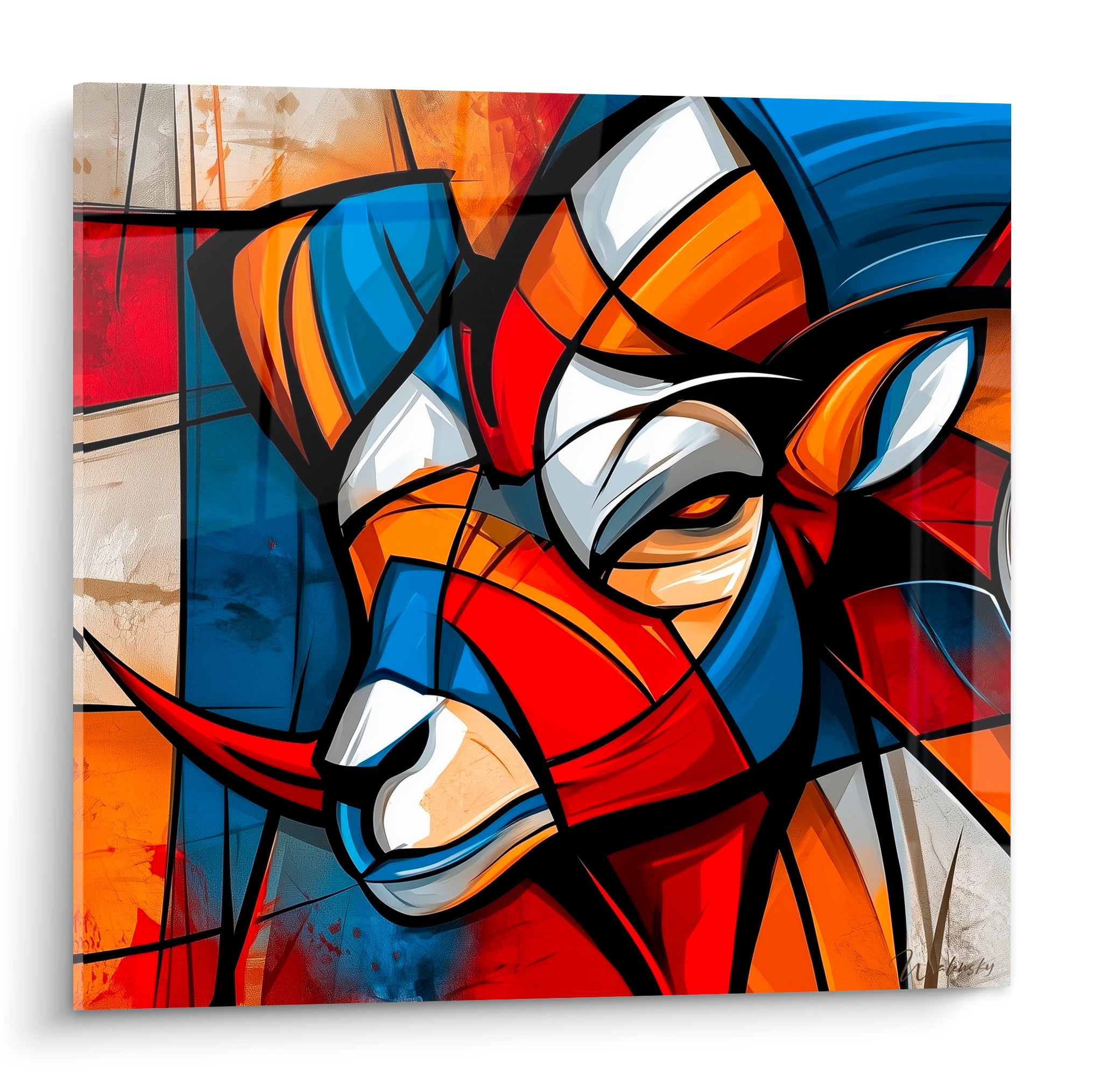Bélier cubiste aux cornes bleu roi et museau rouge écarlate, fond ocre texturé