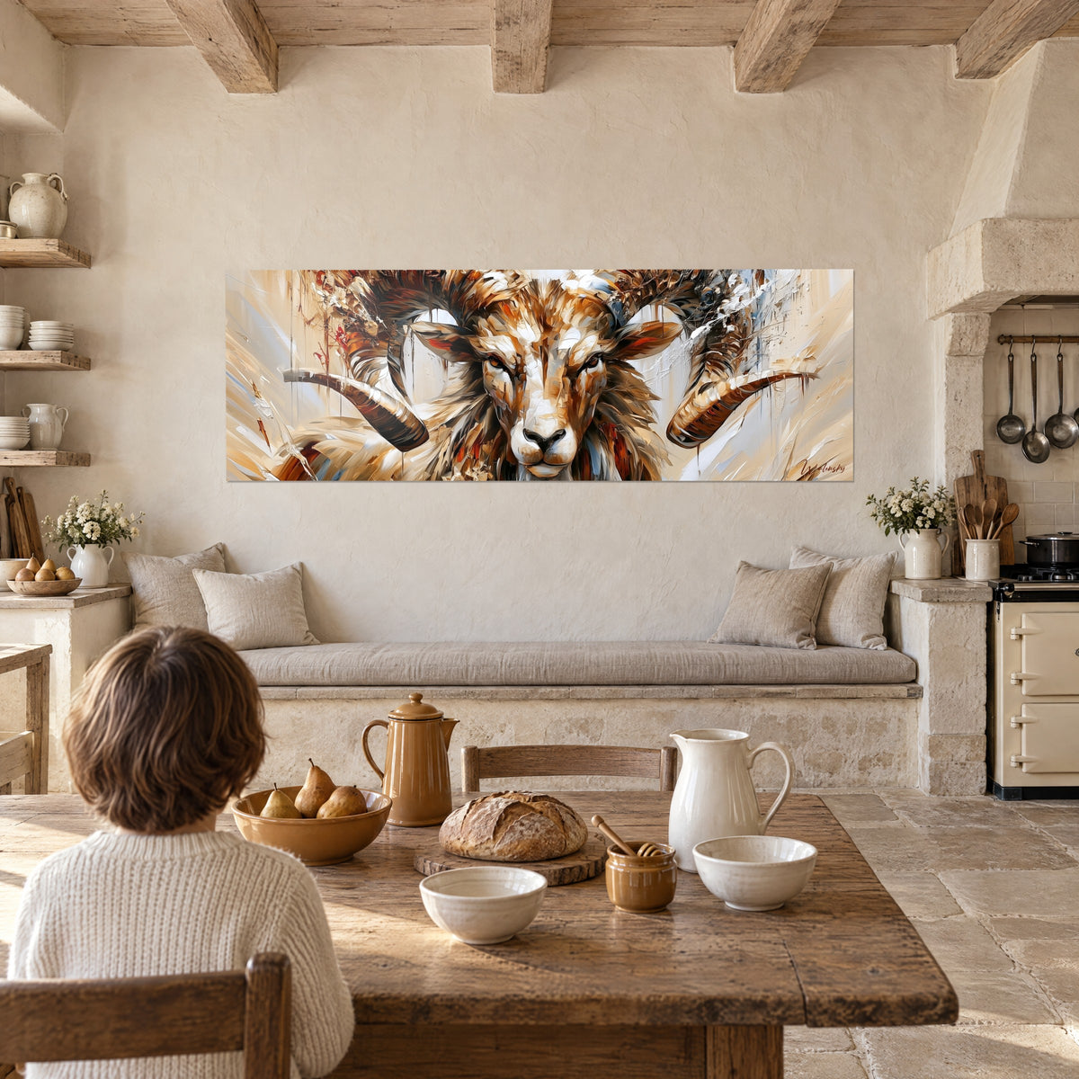 Tableau portrait de bélier en coups de couteau, cornes brunes et pelage doré, un enfant de dos à table, cuisine en pierre