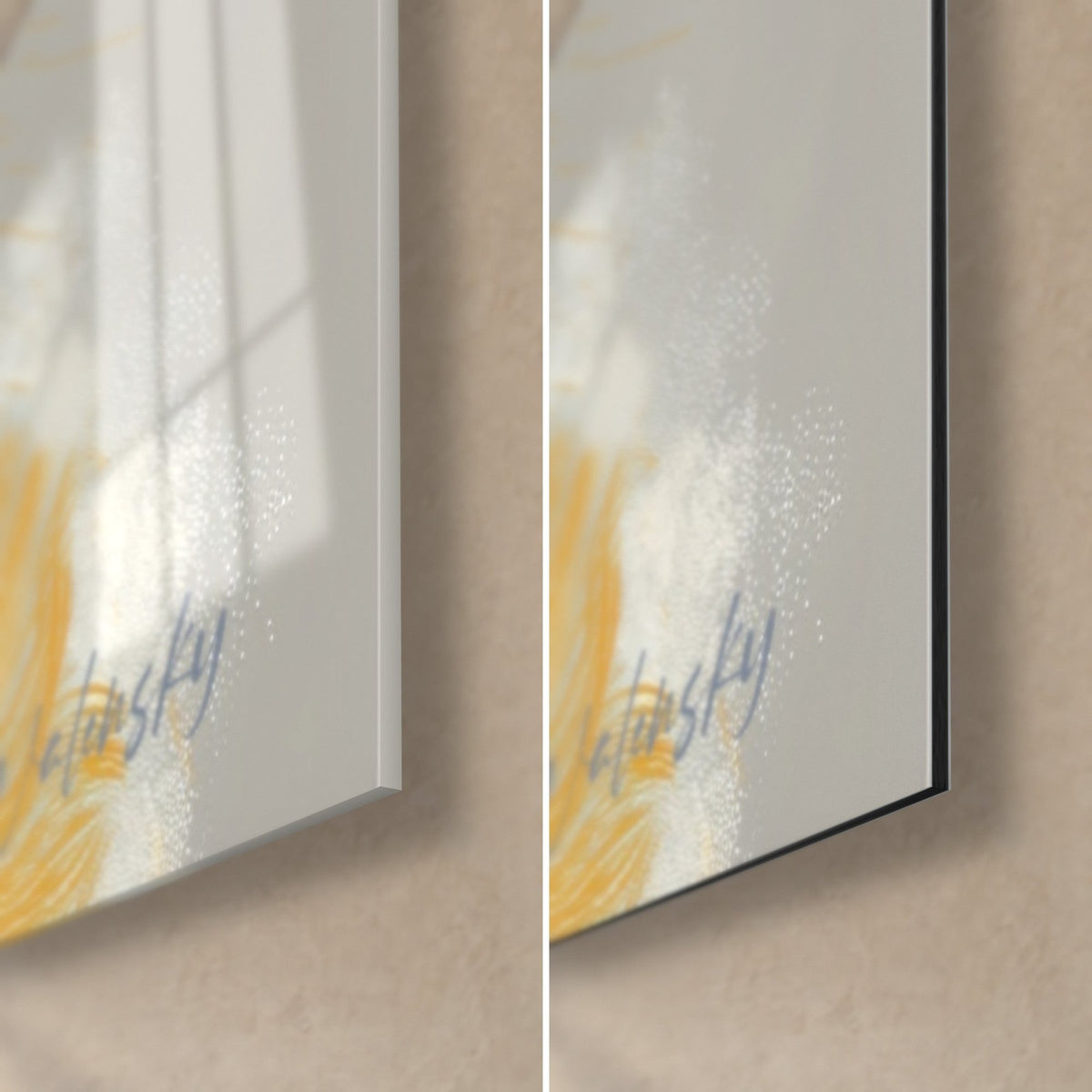 Tableau bélier bleu marine et ocre, coin bas droit, verre acrylique brillant à gauche, alu Dibond mat à droite, tranche de 3 mm