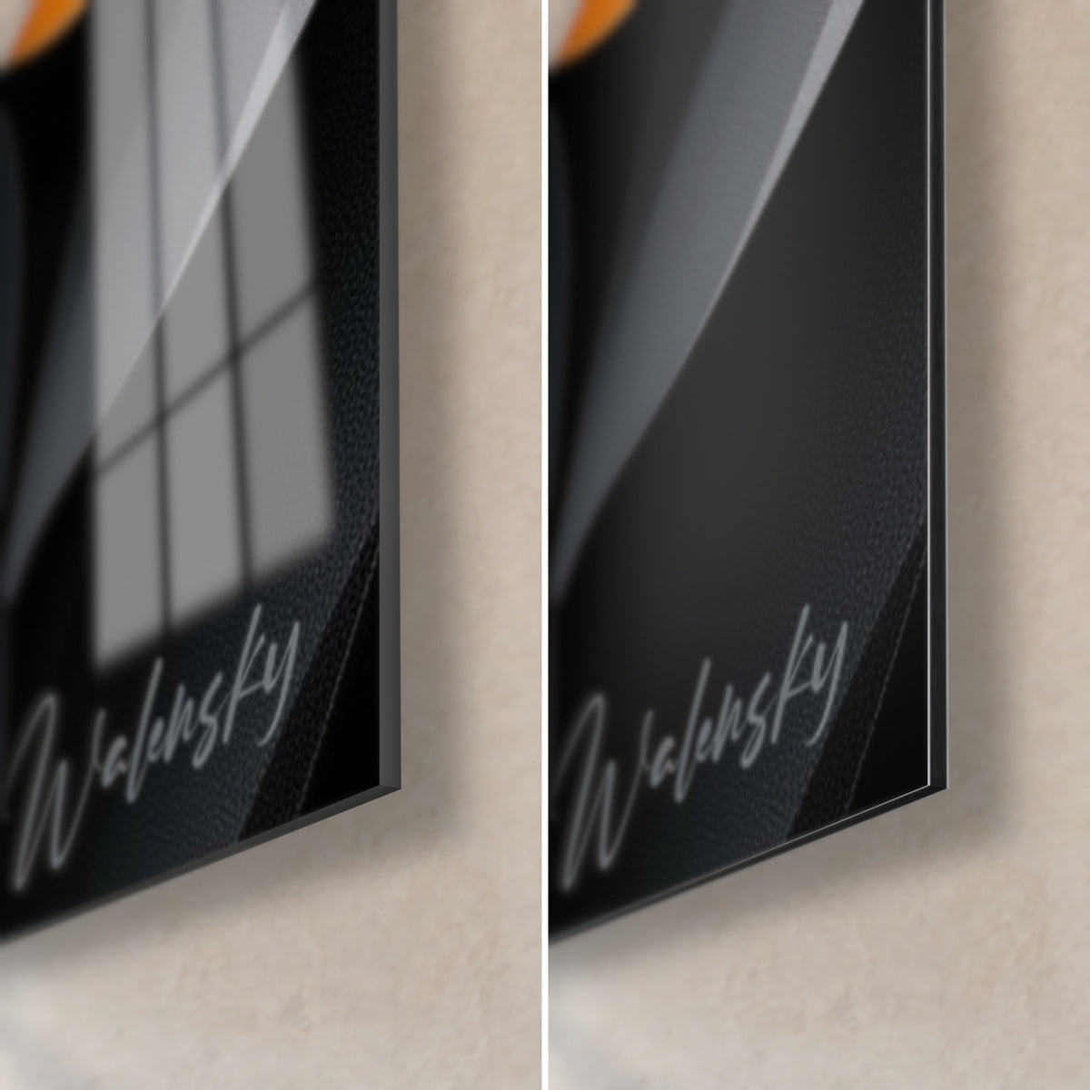 Schilderij van een zwarte en oranje ram, rechtsonder: glanzend acrylglas dat het raam weerspiegelt, mat aluminium Dibond en 3 mm rand