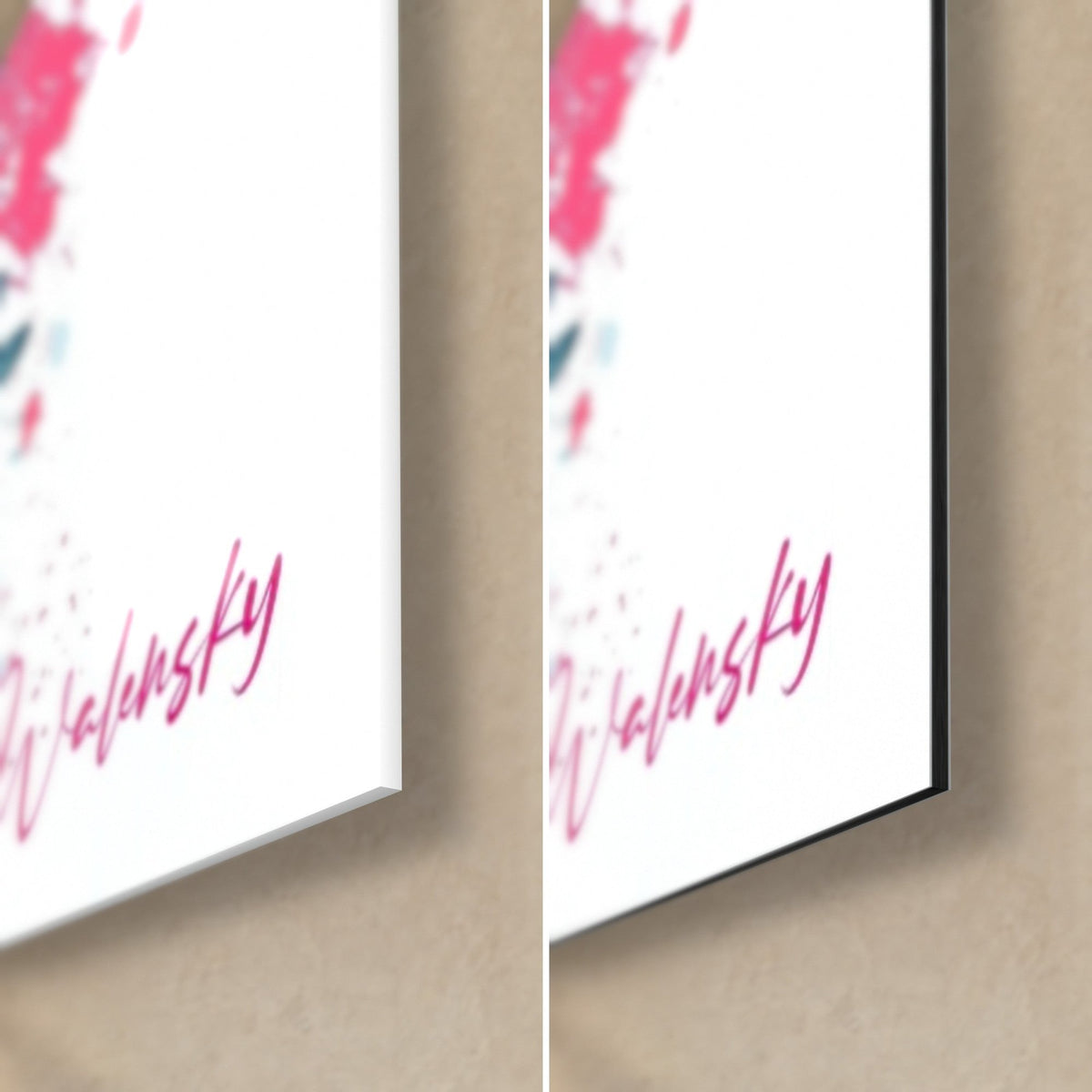 Quadro ariete in rosa e blu, angolo in basso a destra: firma Walensky magenta, vetro lucido a sinistra, Dibond nero opaco a destra