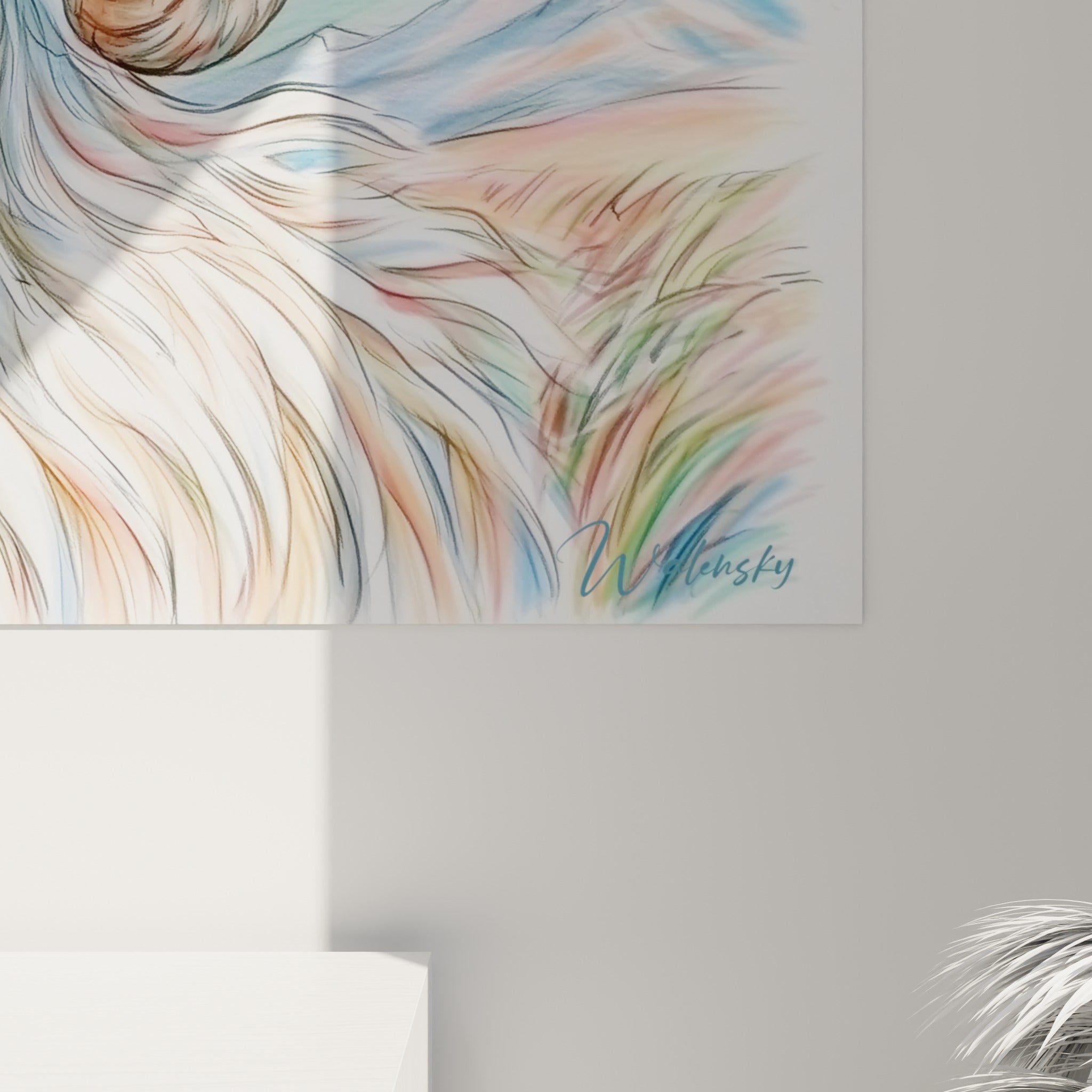 Traits de crayon et nuances de bleu pastel et d'ocre visibles sur la fourrure du Bélier en gros plan