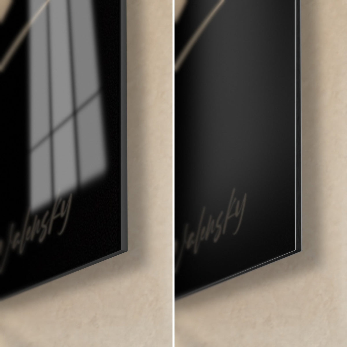Tableau bélier fond noir, coin bas droit : verre acrylique brillant à gauche, alu Dibond mat à droite, tranche fine et signature dorée
