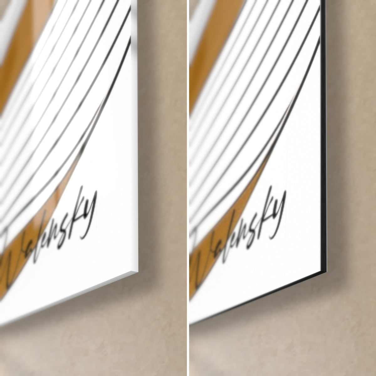 Gemälde Widder in Ocker und Schwarz, untere rechte Ecke mit der Signatur Walensky, glänzendes Acrylglas links, matte Dibond-Aluminium rechts
