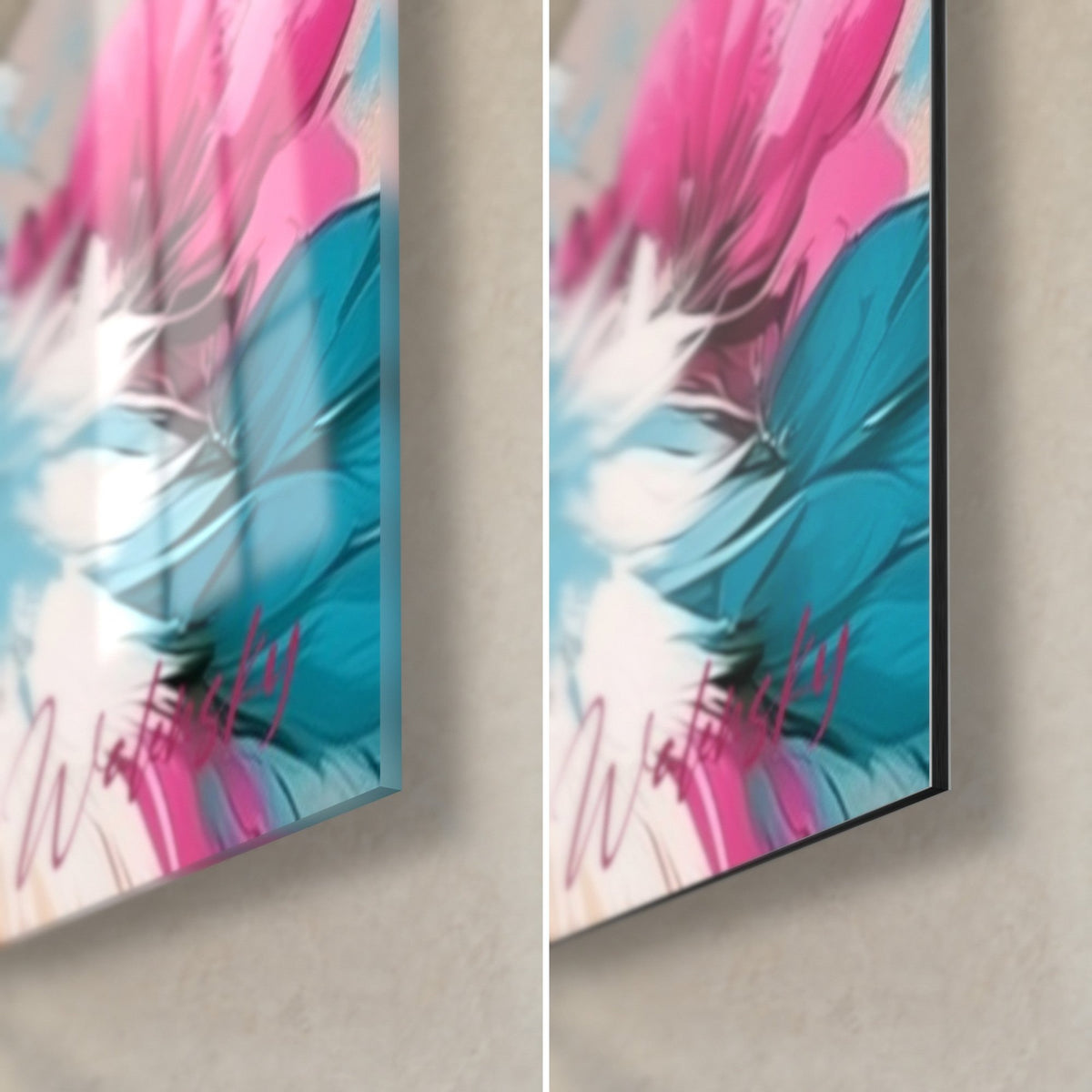 Tableau bélier rose et turquoise, coin bas droit : verre acrylique brillant aux reflets, alu Dibond mat noir, tranche de 3 mm