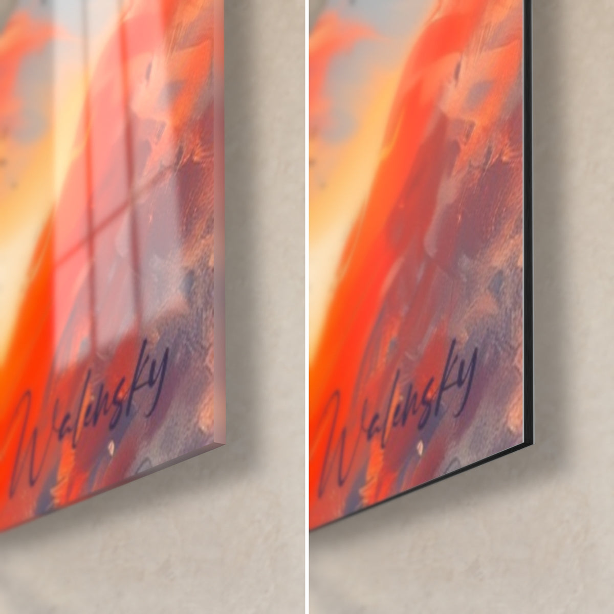 Gemälde Mufflon mit gestreiften Hörnern, untere rechte Ecke: glänzendes Acrylglas mit Reflexen und mattes schwarzes, orangerotes und graues Alu Dibond