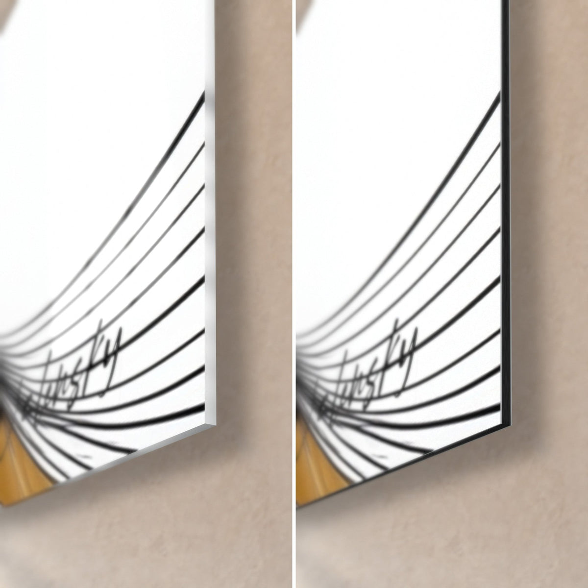 Gemälde Widder mit schwarzen und ockerfarbenen Voluten, untere rechte Ecke aus glänzendem Acrylglas und mattem Dibond-Alu, 3 mm Kante sichtbar