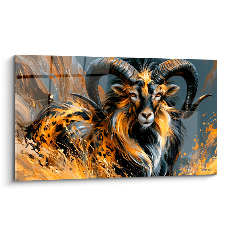Tableau Bélier noir et jaune crinière léopard - Motif tacheté sauvage - Edition Bélier