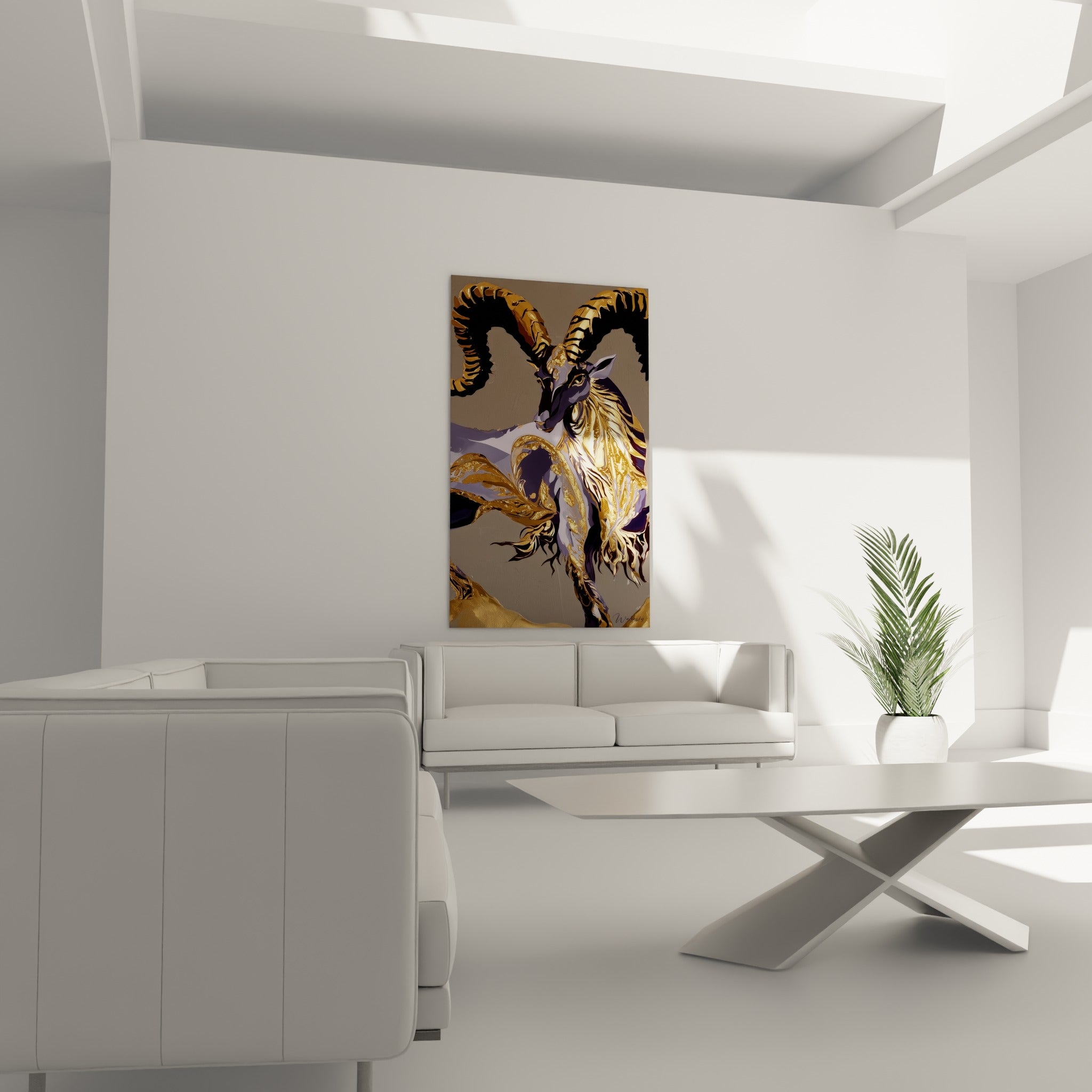Silhouette dorée et anthracite du bélier stylisé, suspendue au-dessus d'un canapé dans un salon lumineux