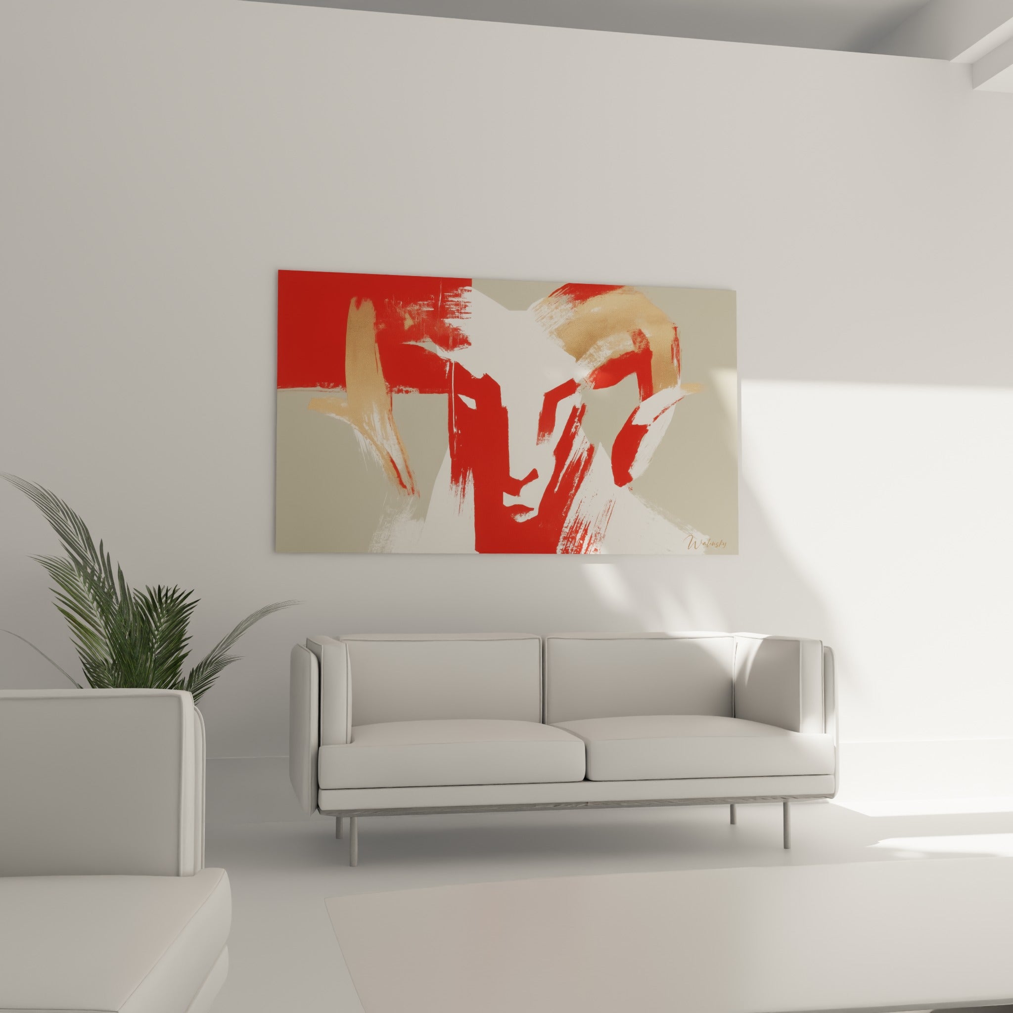 Tête de Bélier rouge et beige aux cornes dorées au-dessus d'un canapé dans un salon lumineux